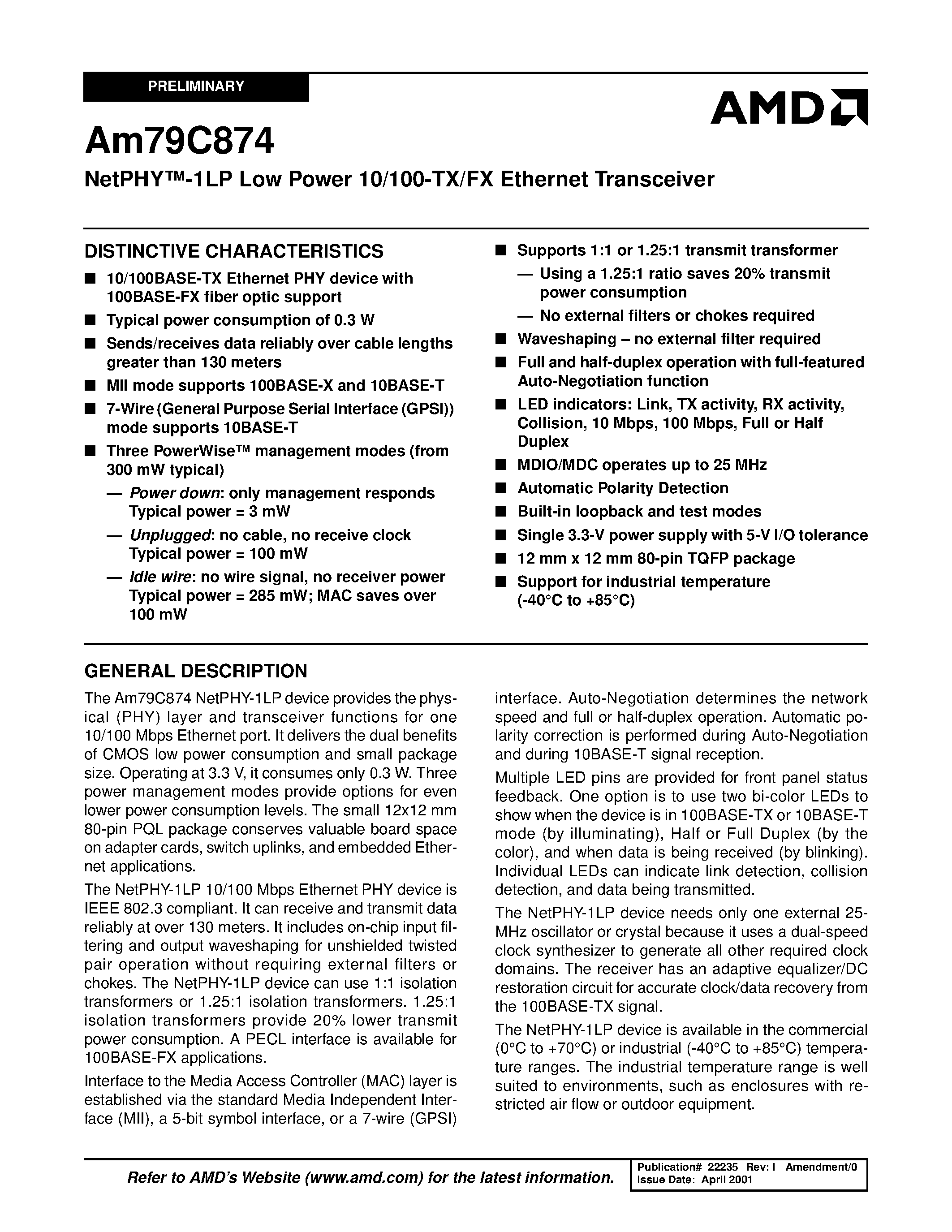 Datasheet Am79C874 - NetPHY-1LP Low Power 10/100-TX/FX Ethernet Transceiver page 1