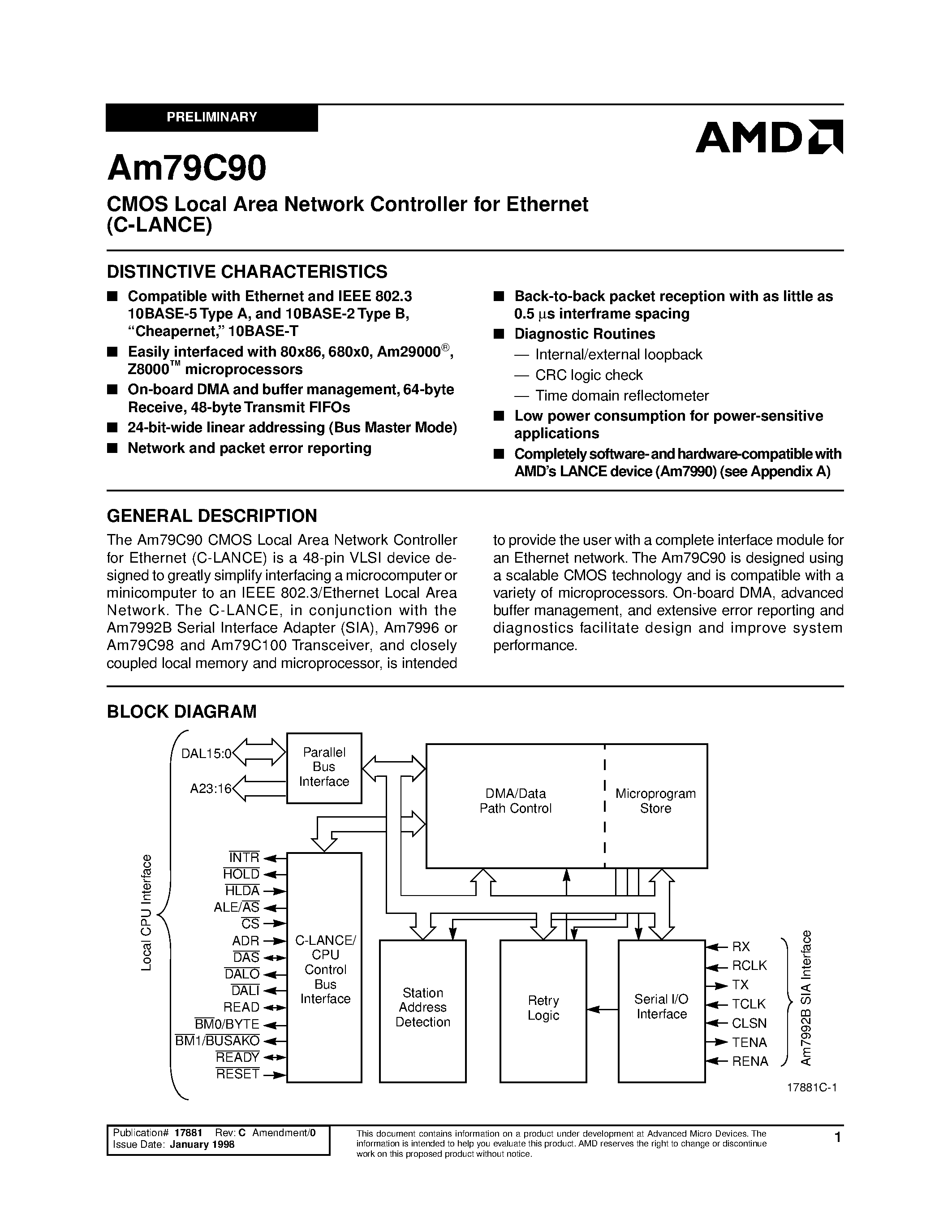 Datasheet AM79C90 - CMOS Local Area Network Controller for Ethernet (C-LANCE) page 1