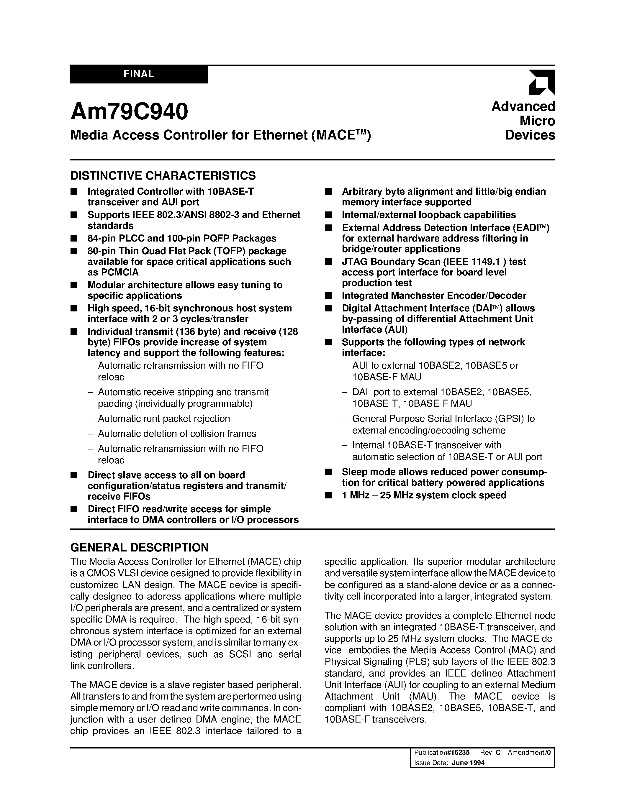 Datasheet AM79C940 - Media Access Controller for Ethernet (MACE) page 1