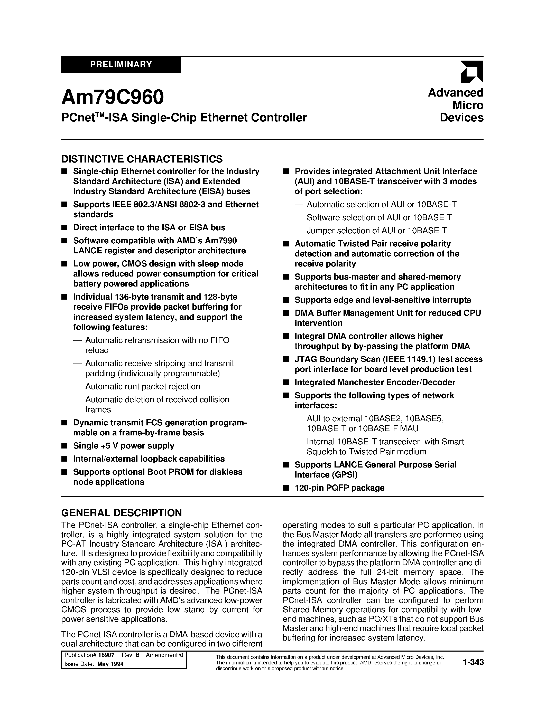 Datasheet AM79C960 - PCnetTM-ISA Single-Chip Ethernet Controller page 1