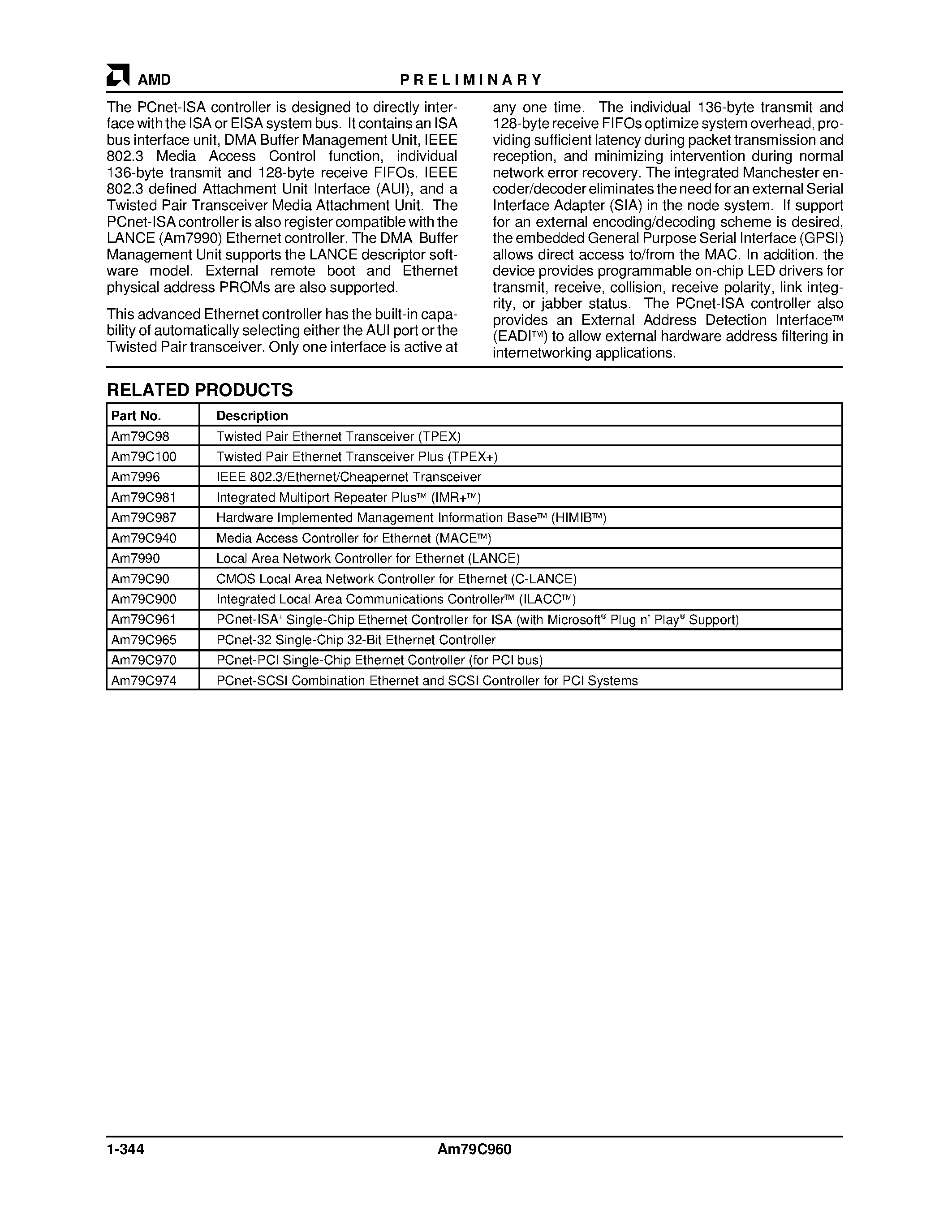 Datasheet AM79C960 - PCnetTM-ISA Single-Chip Ethernet Controller page 2