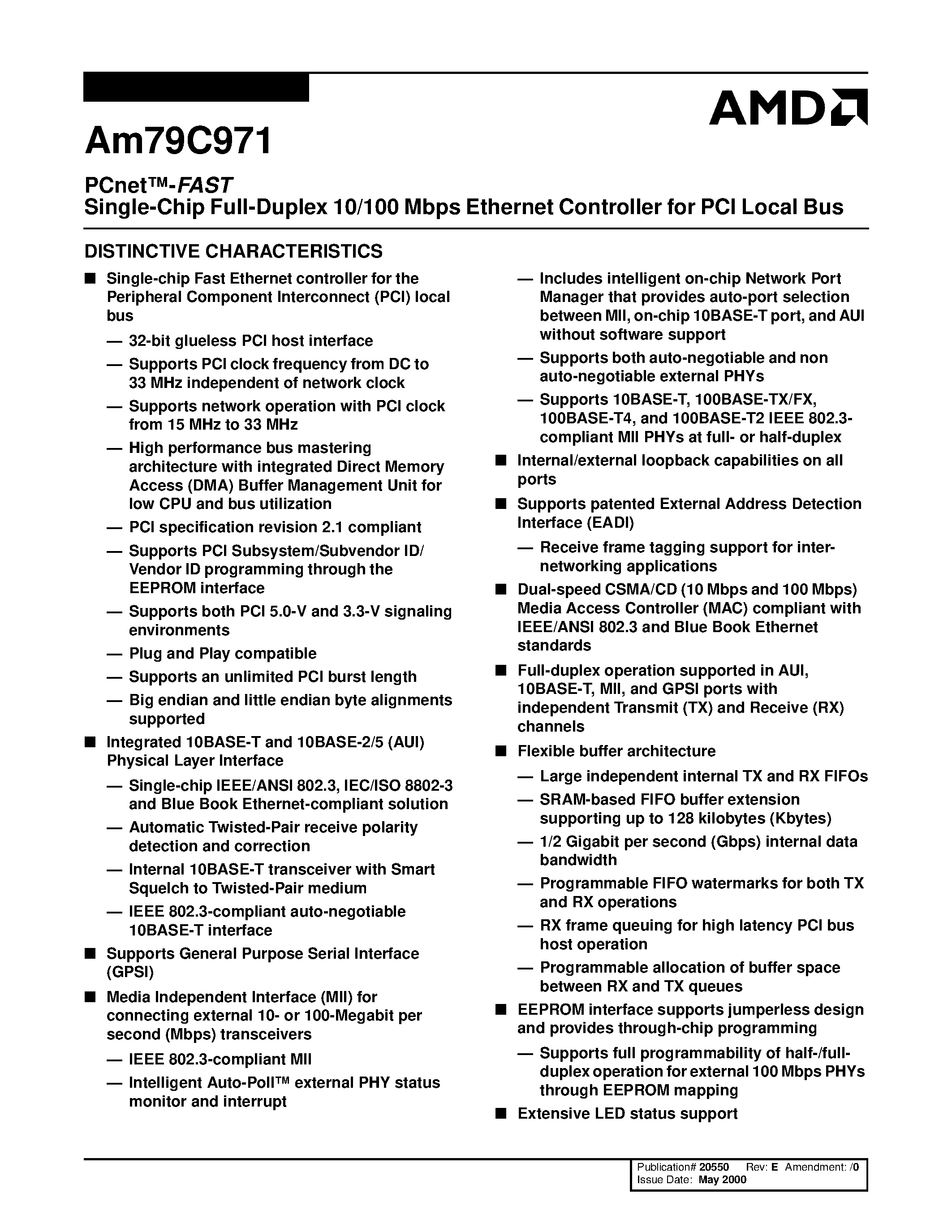 Datasheet Am79C971KCW - PCnet-FAST Single-Chip Full-Duplex 10/100 Mbps Ethernet Controller for PCI Local Bus page 1