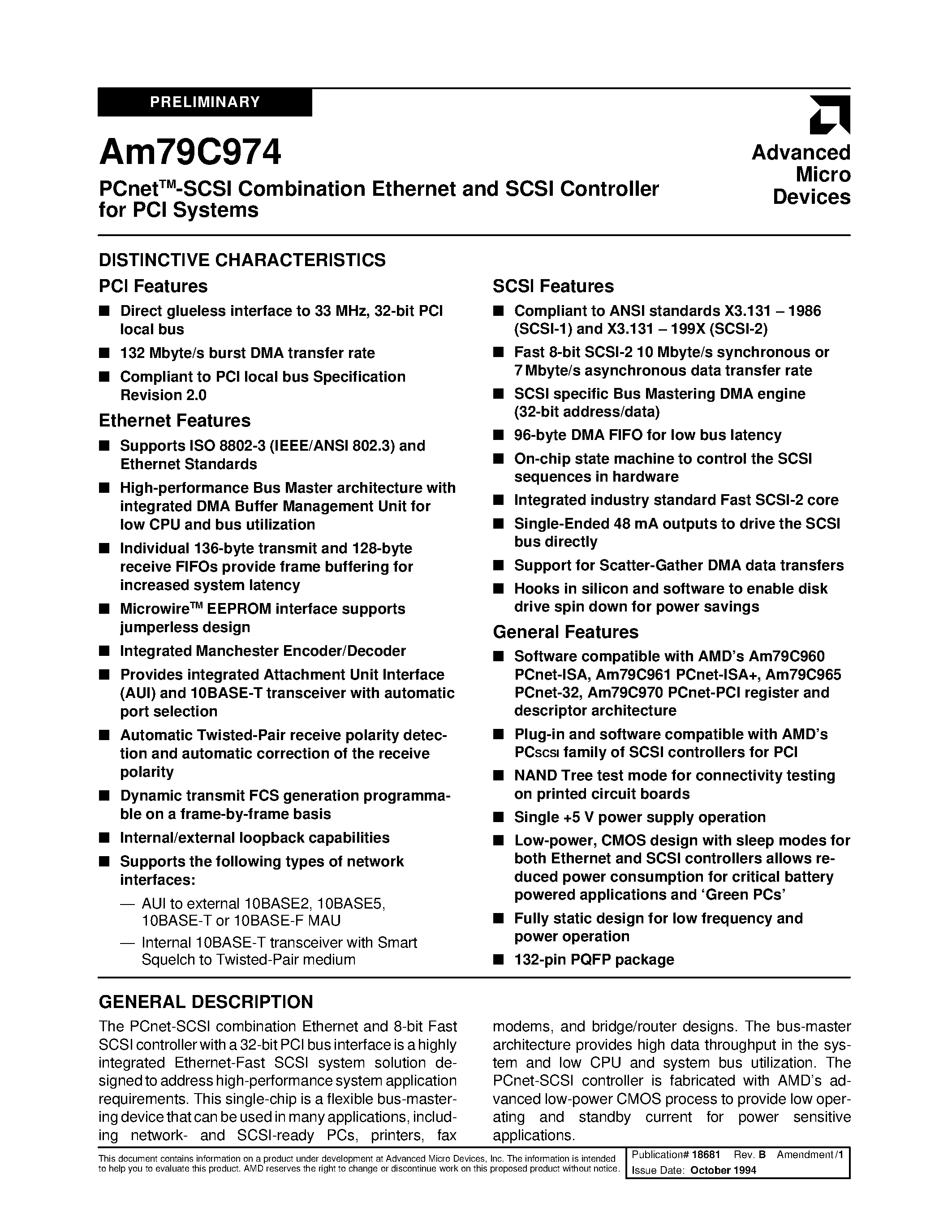 Datasheet AM79C974 - PCnetTM-SCSI Combination Ethernet and SCSI Controller for PCI Systems page 1