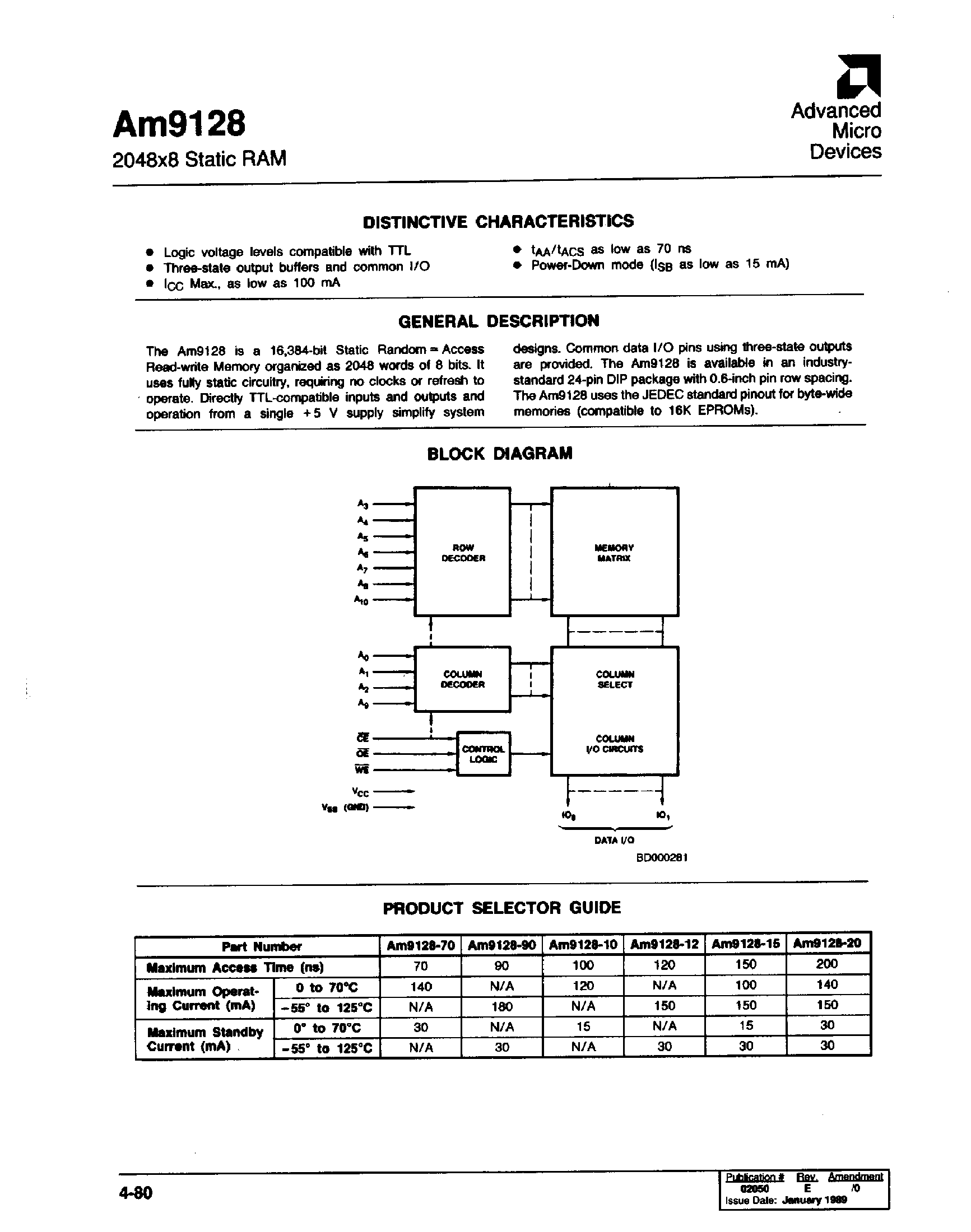 Datasheet AM9128-70DE - 2048x8 Static RAM page 1