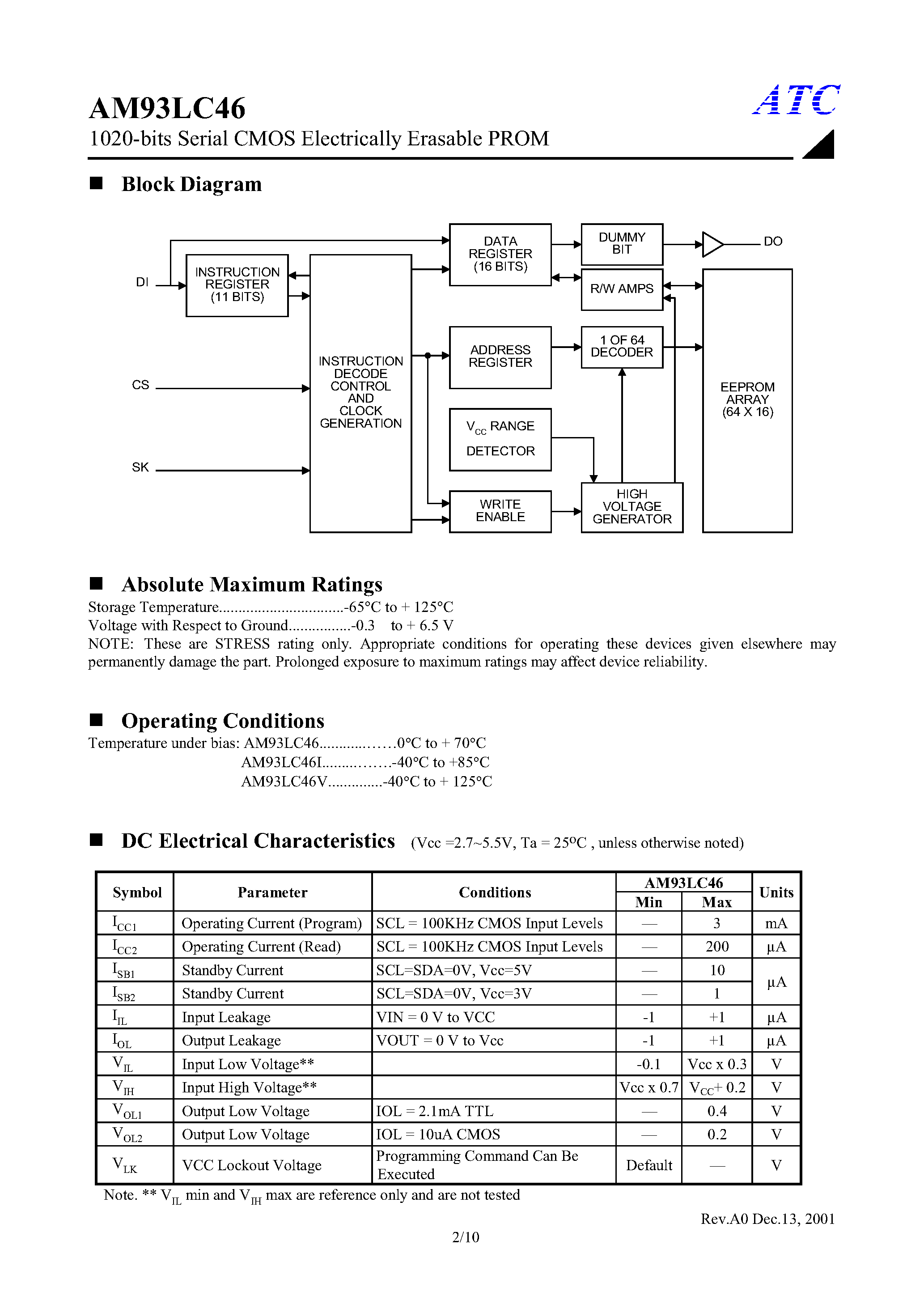 Даташит AM93LC46 - 1024-bits Serial Electrically Erasable PROM страница 2