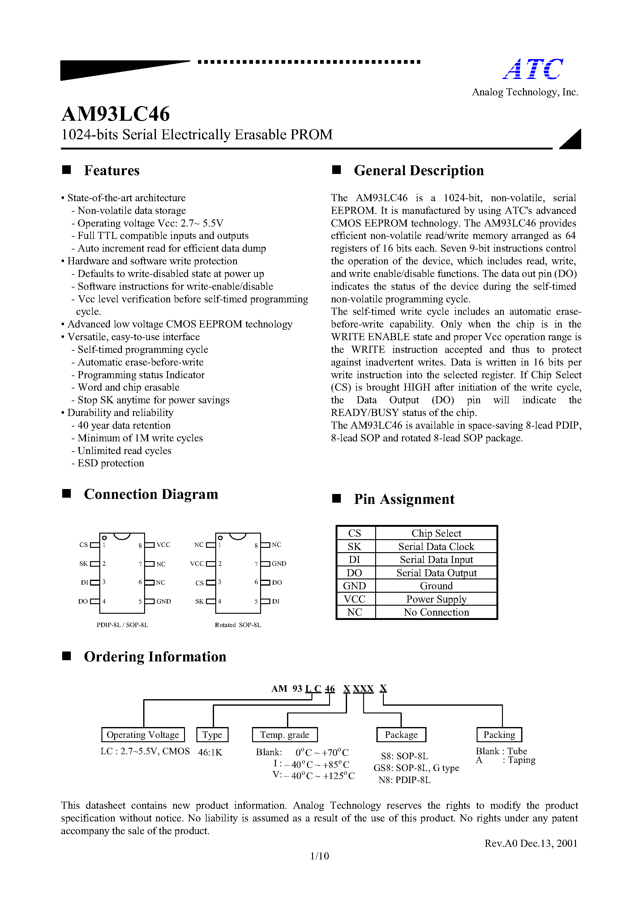 Даташит AM93LC46IGS8A - 1024-bits Serial Electrically Erasable PROM страница 1