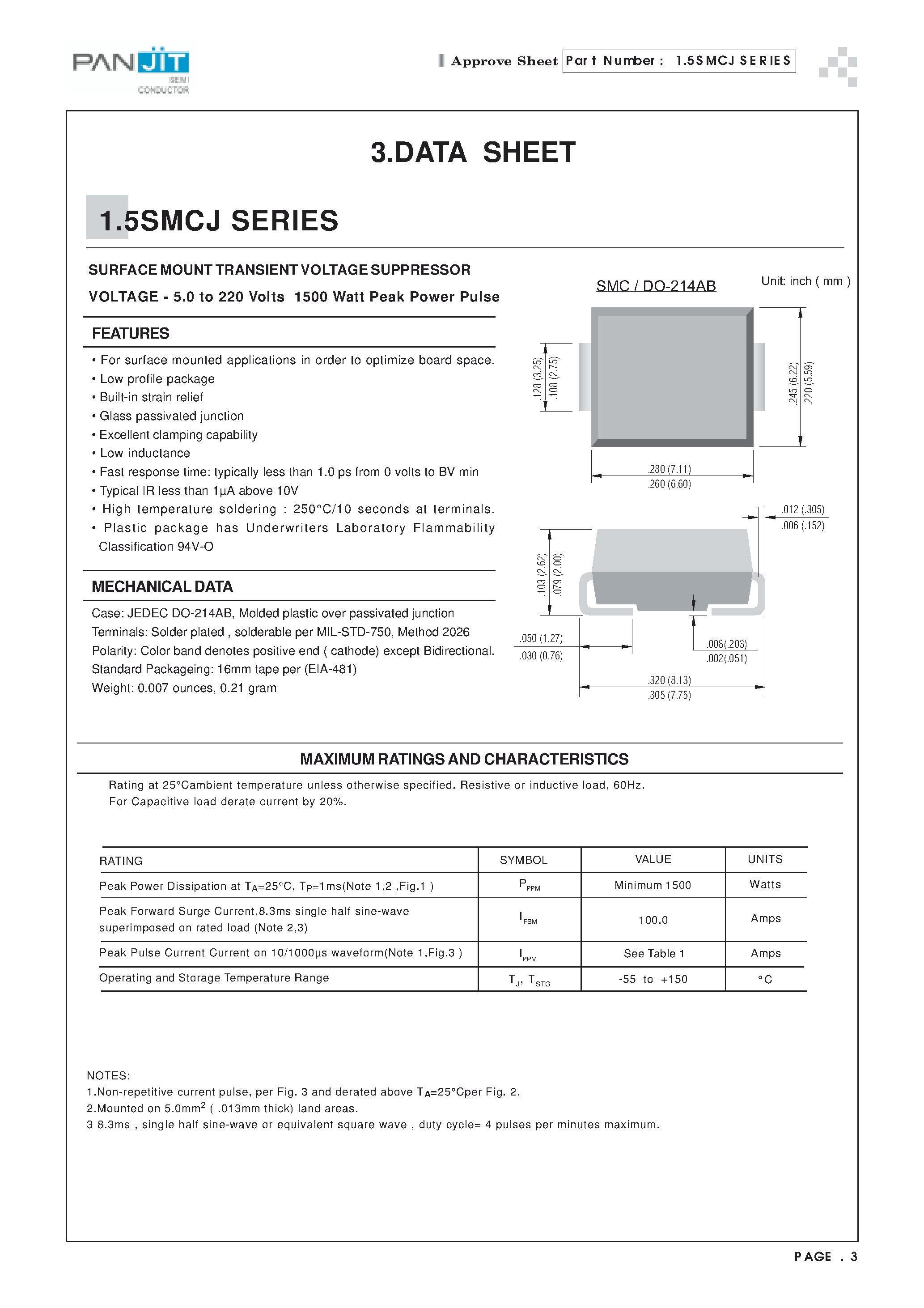 Даташит 1.5SMCJ9.0 - SURFACE MOUNT TRANSIENT (VOLTAGE SUPPRESSOR VOLTAGE - 5.0 to 220 Volts 1500 Watt Peak Power Pulse) страница 1