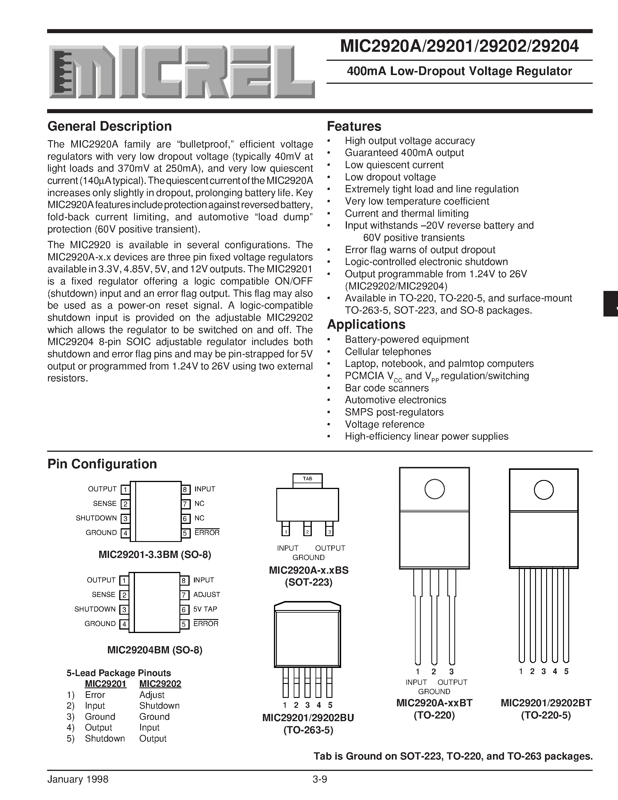 Datasheet MIC29201-4.8BT - 400mA Low-Dropout Voltage Regulator page 1