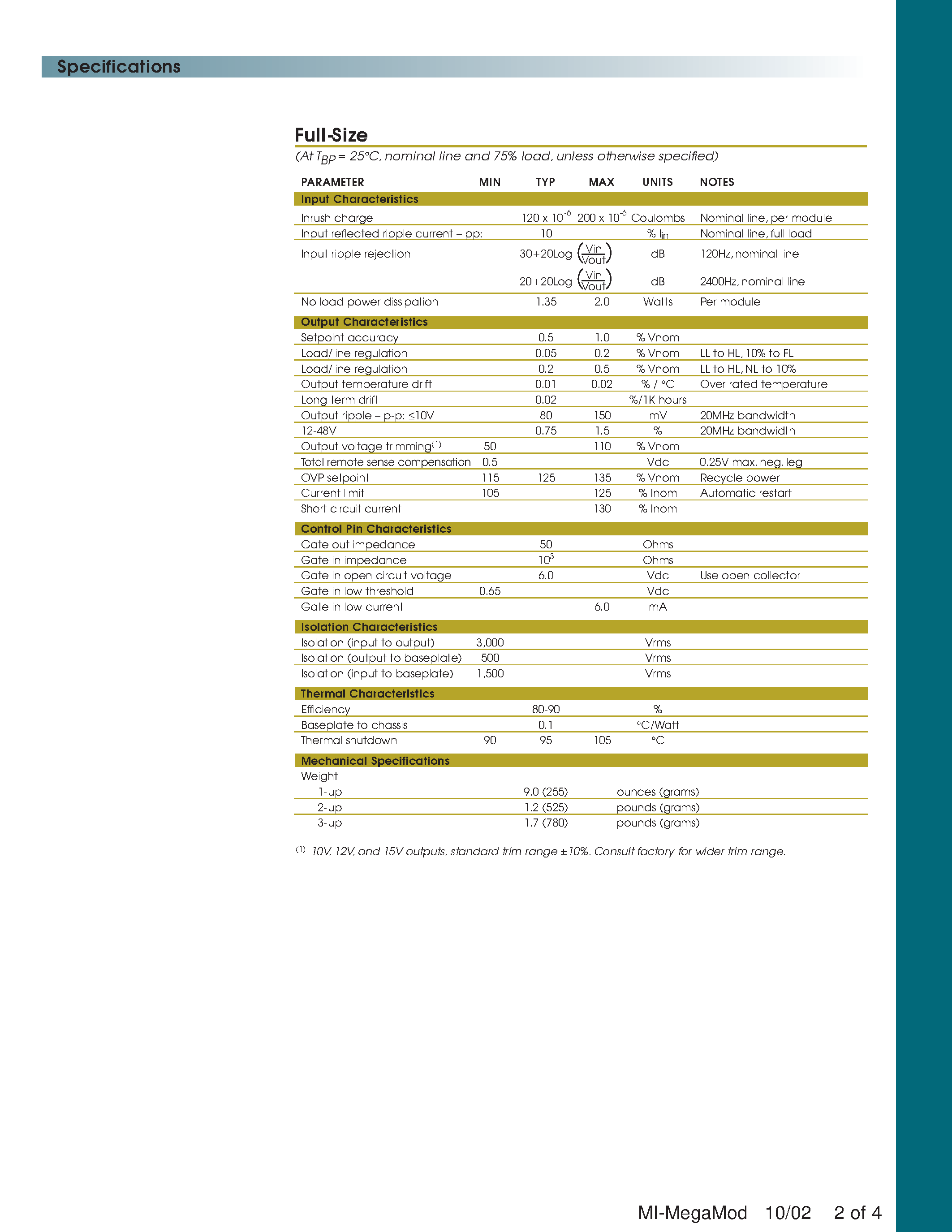 Datasheet MI-Q50-MSA - Military Chassis Mount DC-DC Converters 10 to 300W Single/ Dual/ Triple Outputs page 2