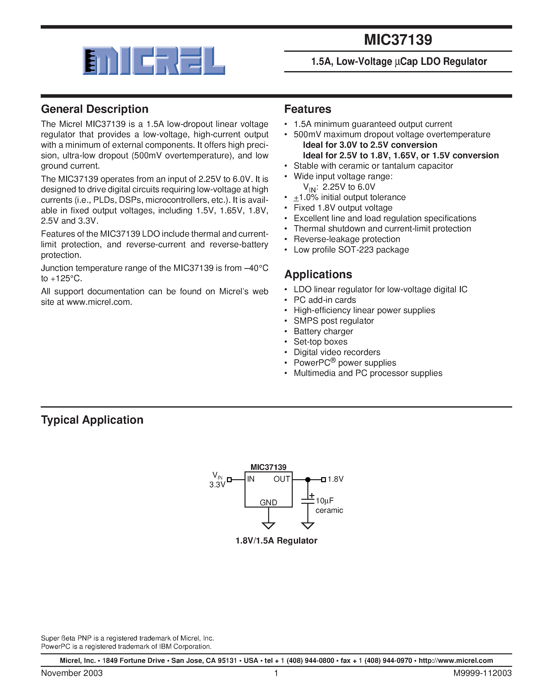 Даташит MIC37139-1.8BS - 1.5A/ LOW VOLTAGE UCAP LDO REGULATOR страница 1