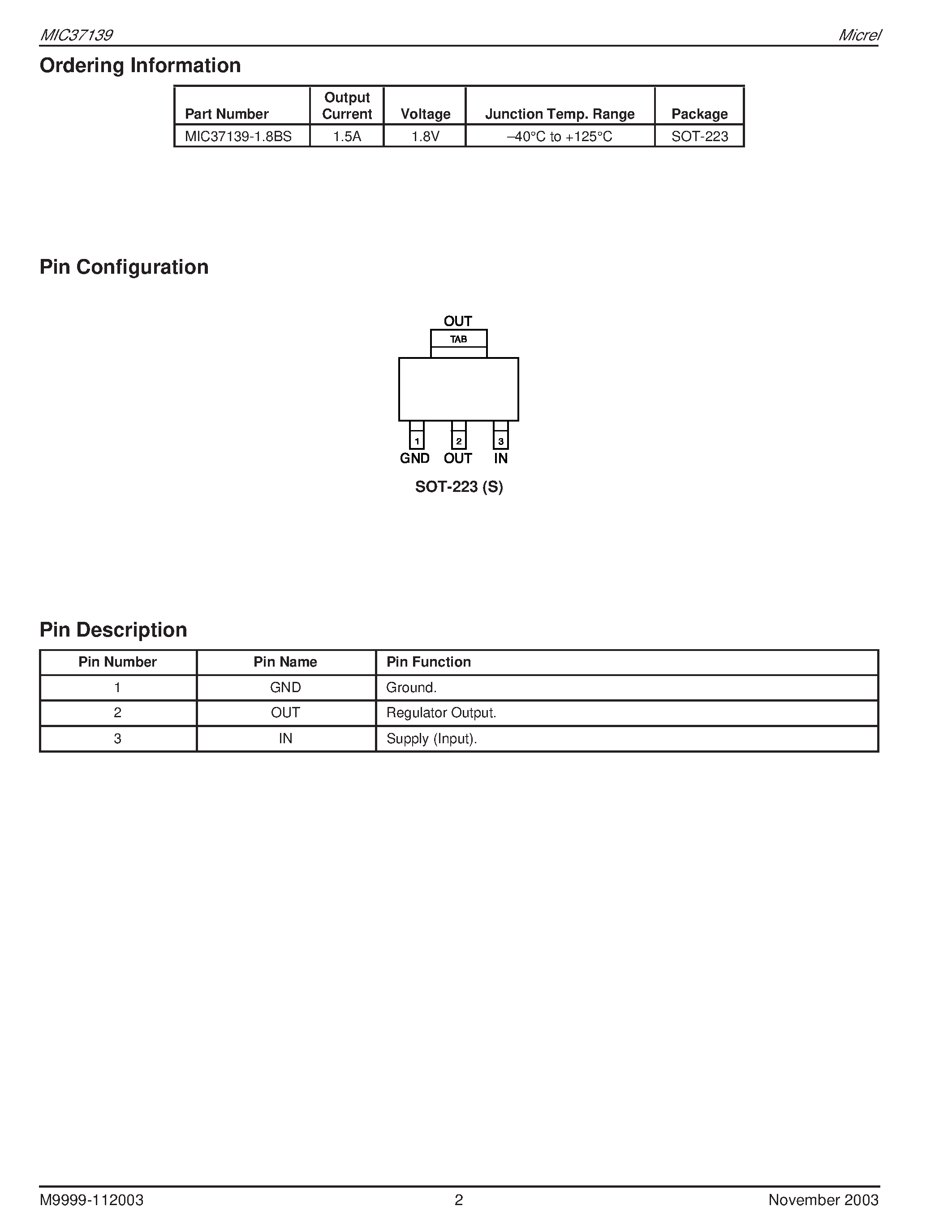 Даташит MIC37139-1.8BS - 1.5A/ LOW VOLTAGE UCAP LDO REGULATOR страница 2