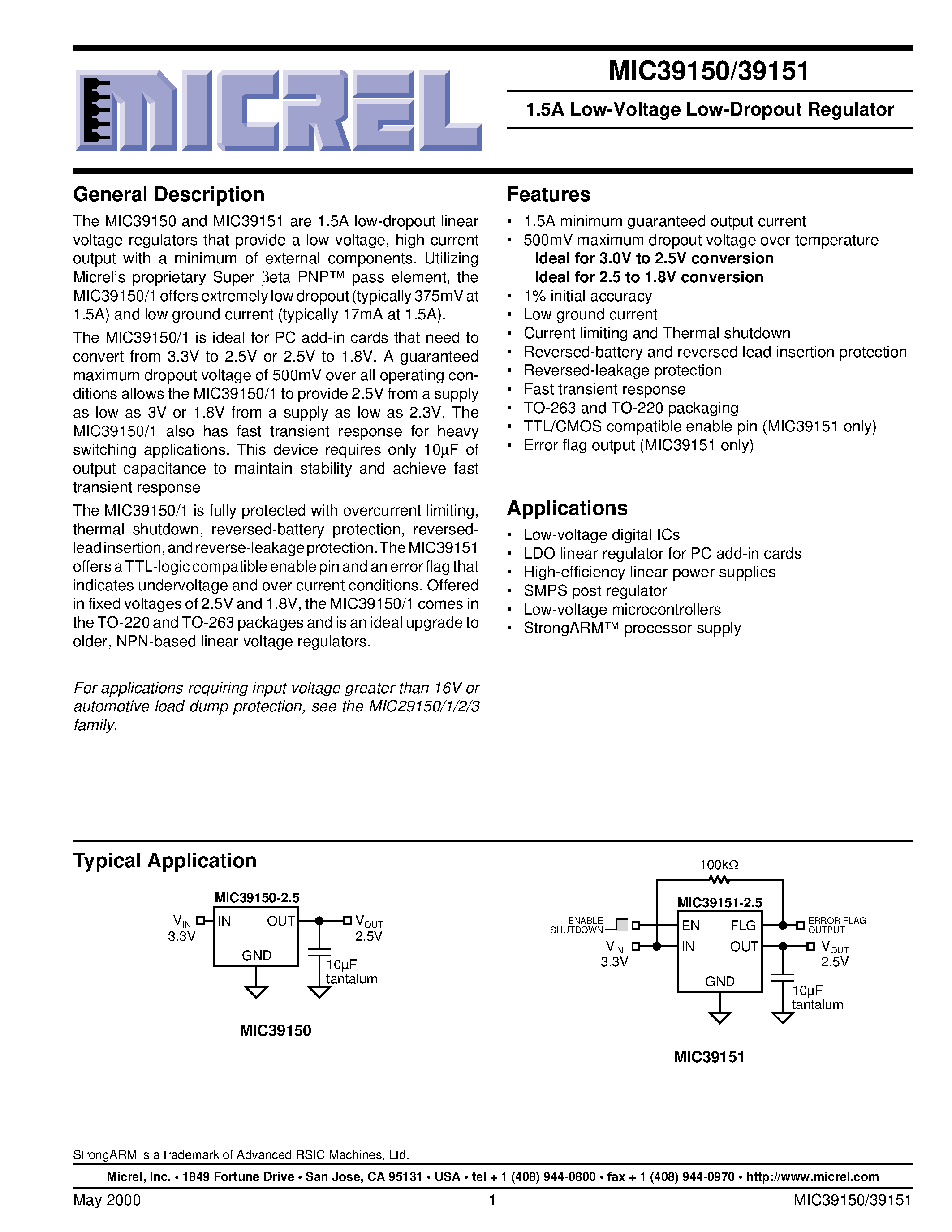 Даташит MIC39150-1.8BT - 1.5A Low-Voltage Low-Dropout Regulator страница 1