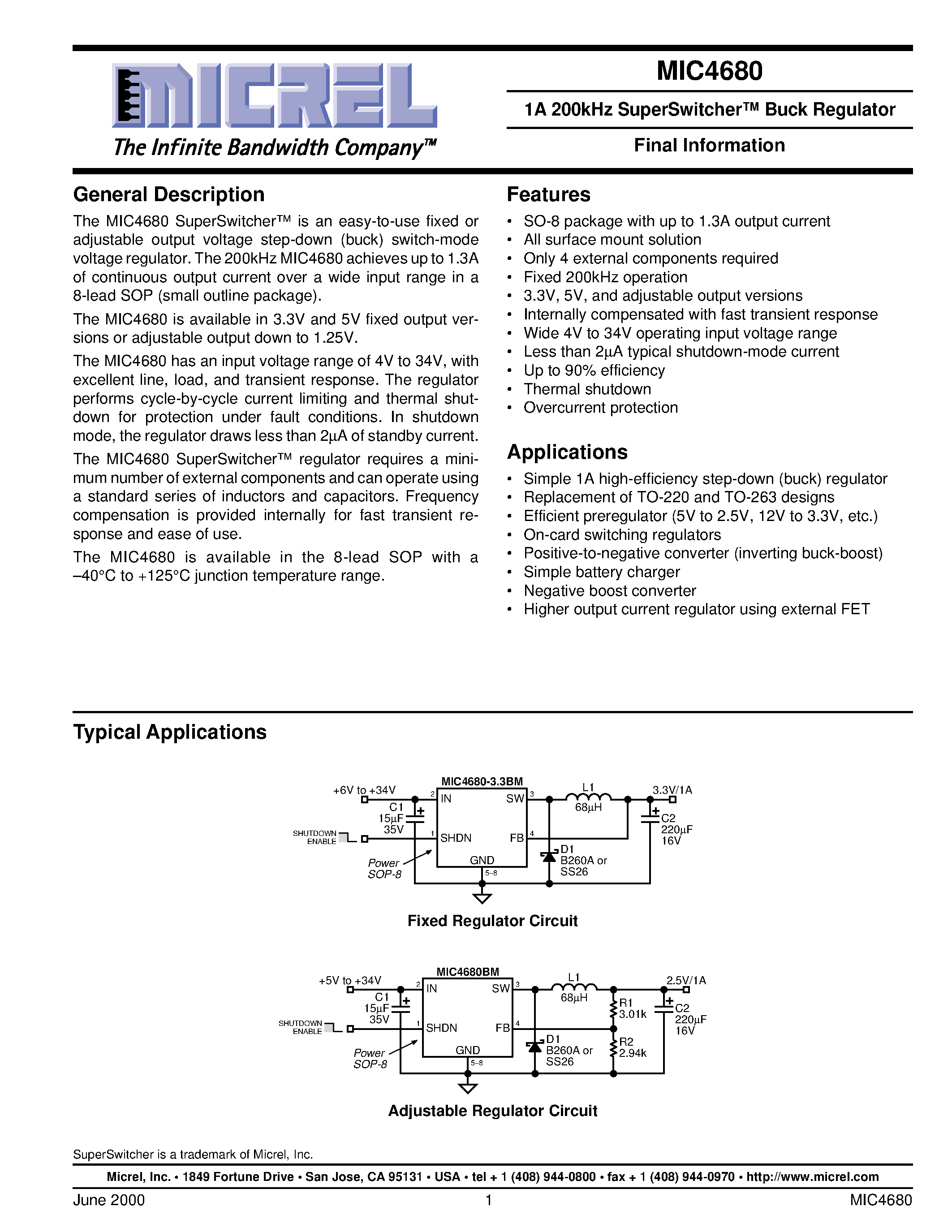 Даташит MIC4680 - 1A 200kHz SuperSwitcher Buck Regulator Final Information страница 1