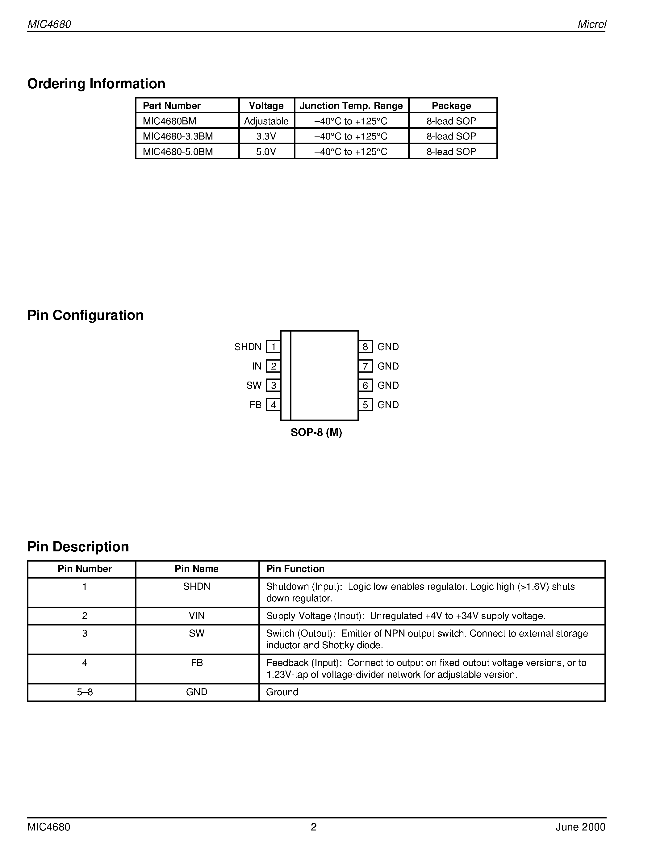 Даташит MIC4680 - 1A 200kHz SuperSwitcher Buck Regulator Final Information страница 2