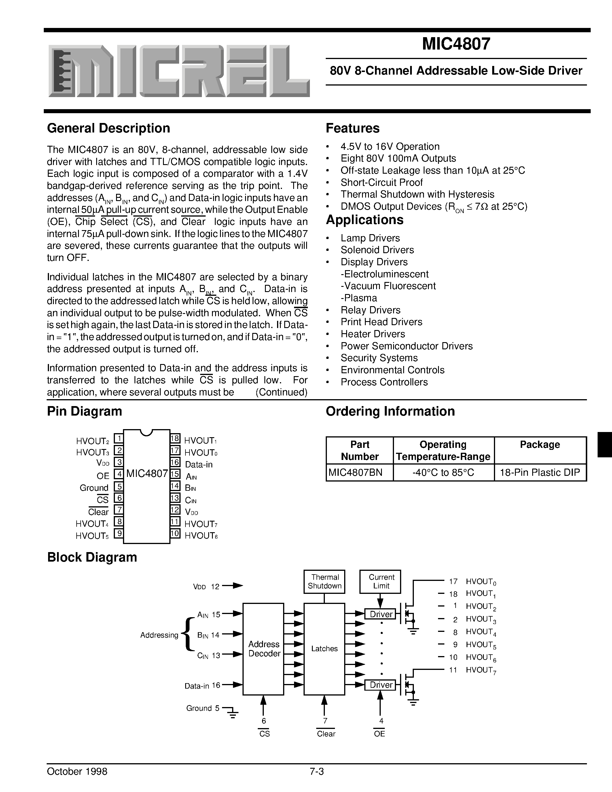 Даташит MIC4807 - 80V 8-Channel Addressable Low-Side Driver страница 1