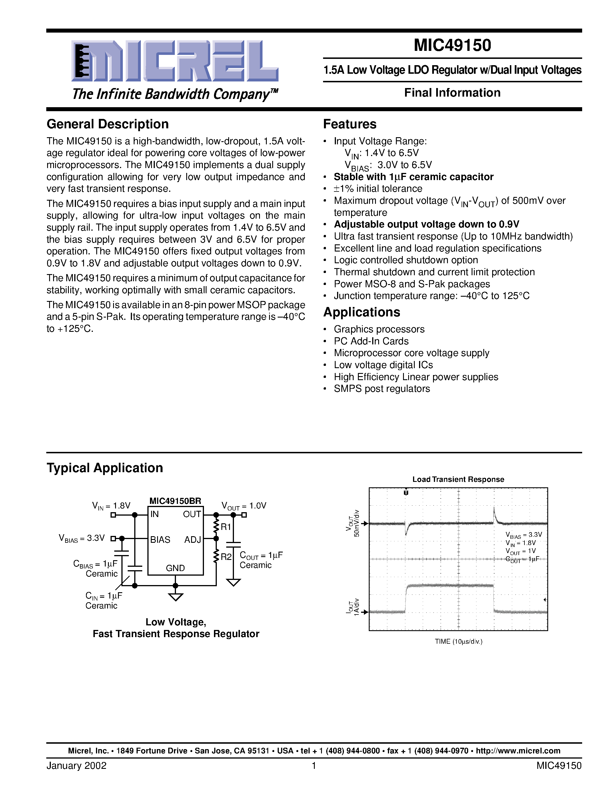 Даташит MIC49150-1.5BMM - 1.5A Low Voltage LDO Regulator w/Dual Input Voltages страница 1