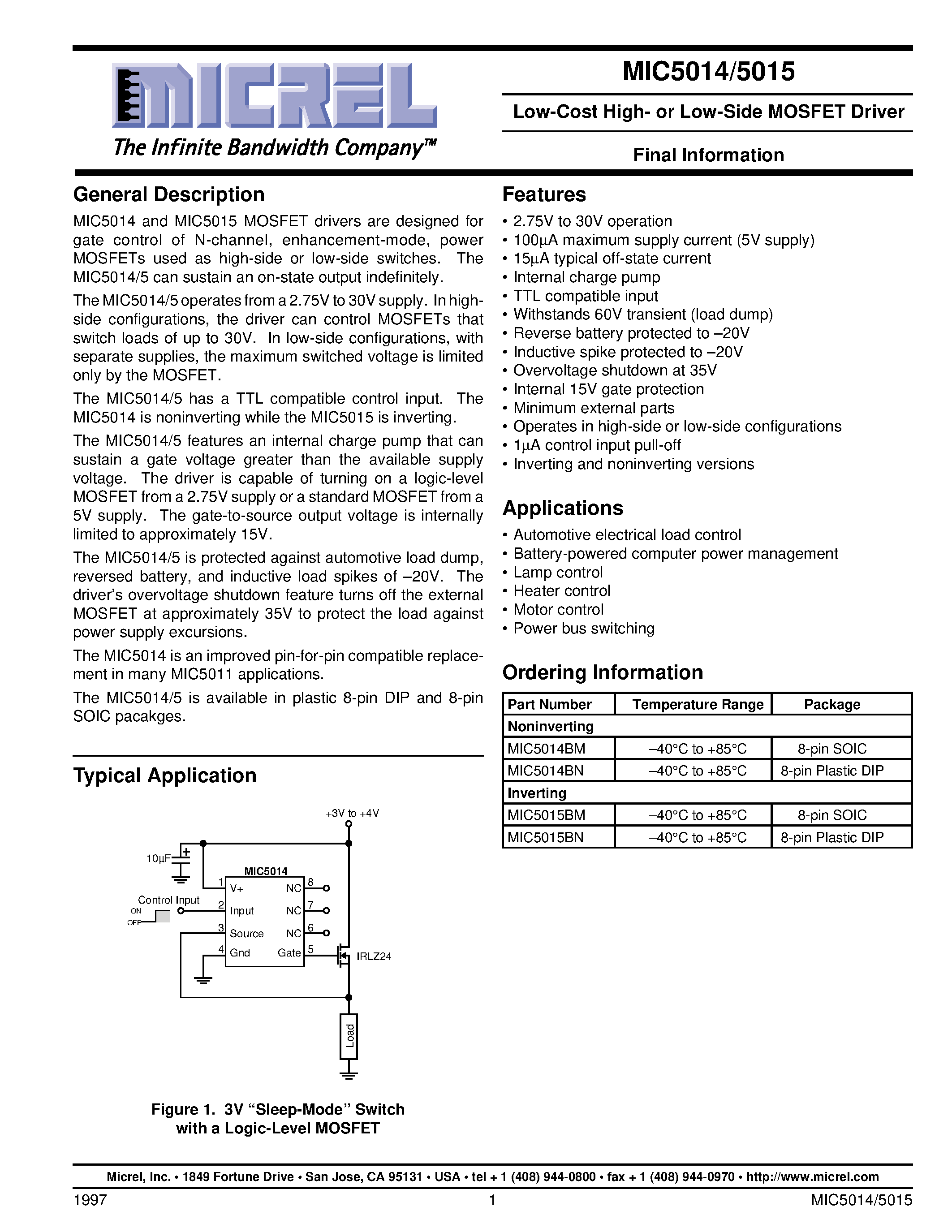 Даташит MIC5014-1 - Low-Cost High- or Low-Side MOSFET Driver Final Information страница 1