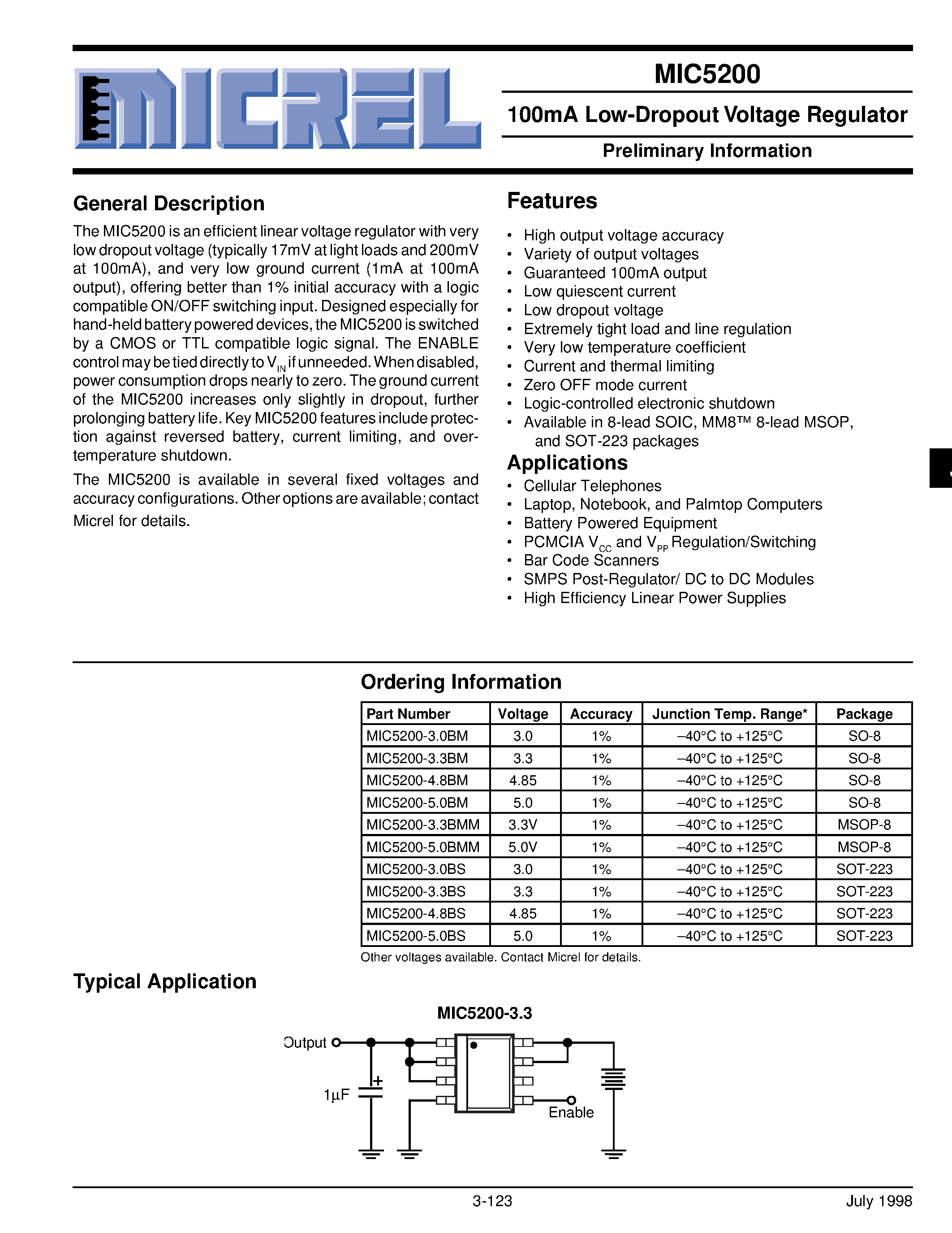 Даташит MIC5200-4.8BM - 100mA Low-Dropout Voltage Regulator Preliminary Information страница 1