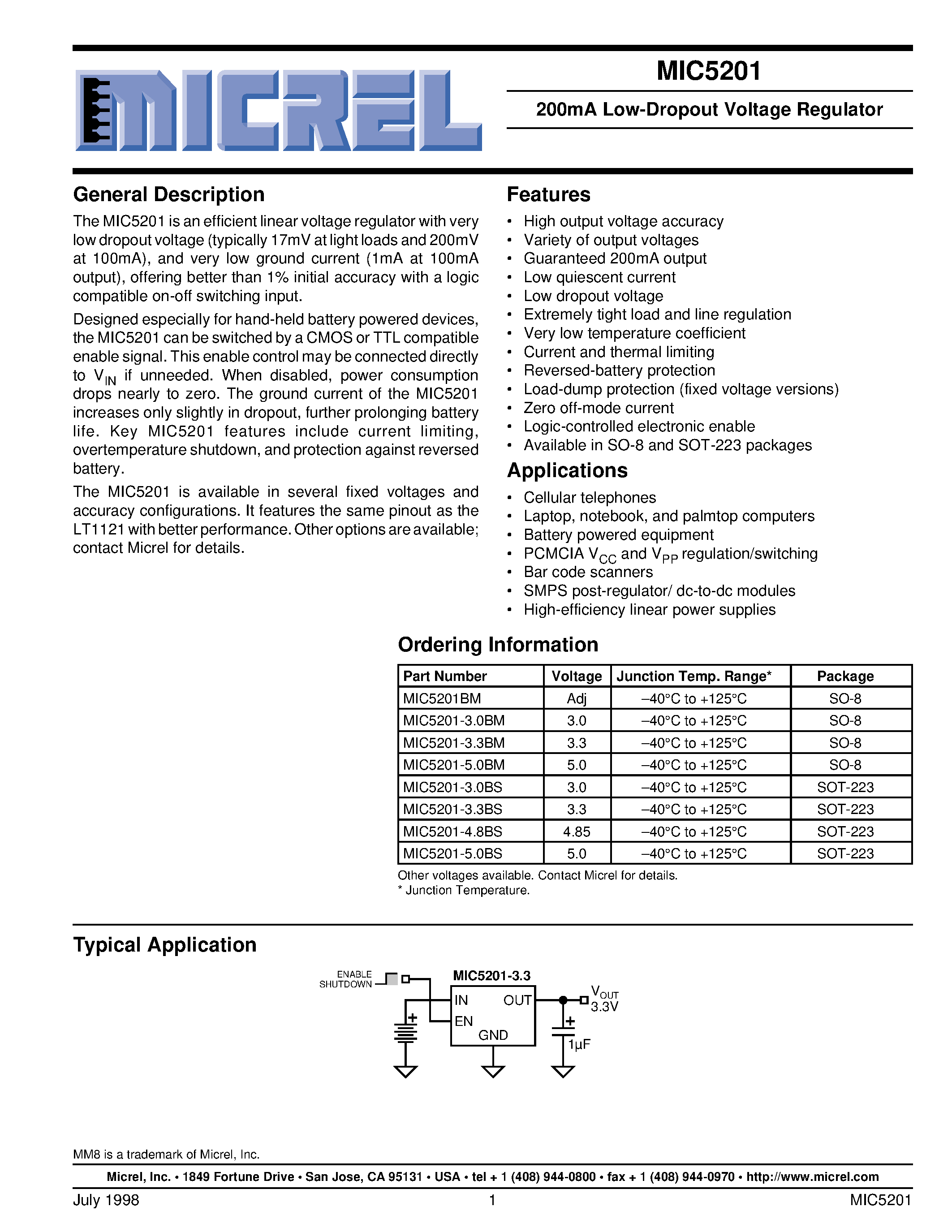 Даташит MIC5201-4.8BS - 200mA Low-Dropout Voltage Regulator страница 1