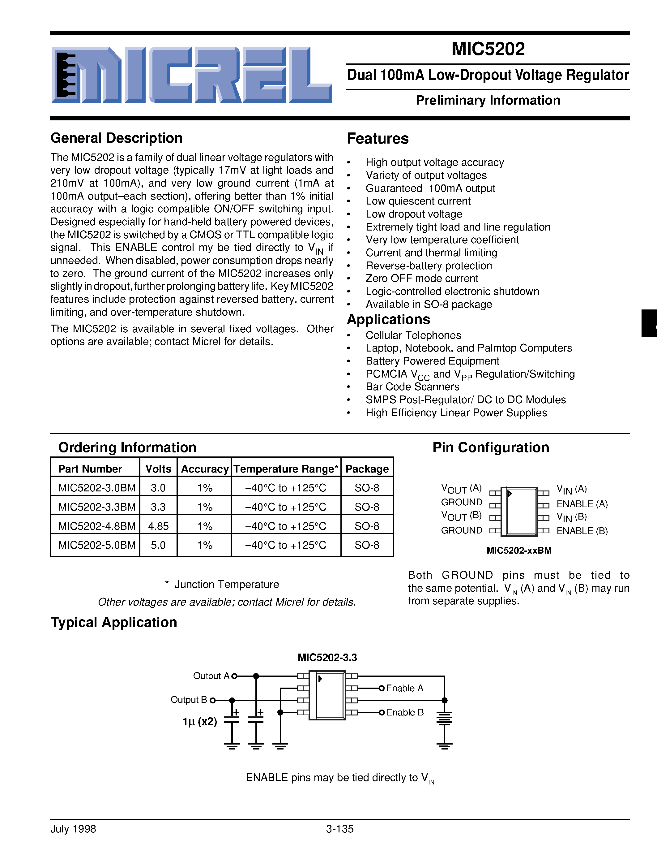 Datasheet MIC5202-4.8BM - Dual 100mA Low-Dropout Voltage Regulator Preliminary Information page 1