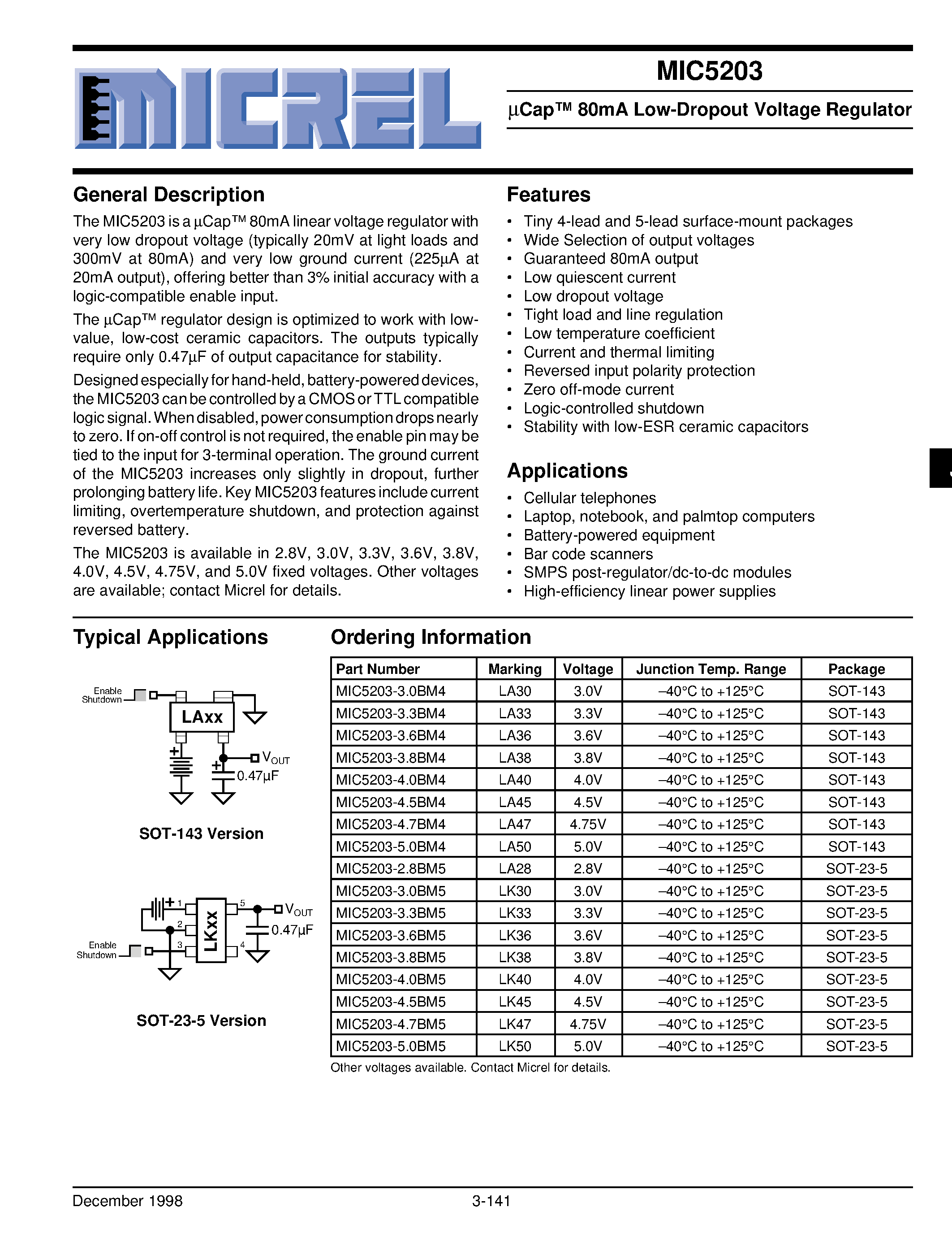 Datasheet MIC5203-4.0BM4 - Cap 80mA Low-Dropout Voltage Regulator page 1