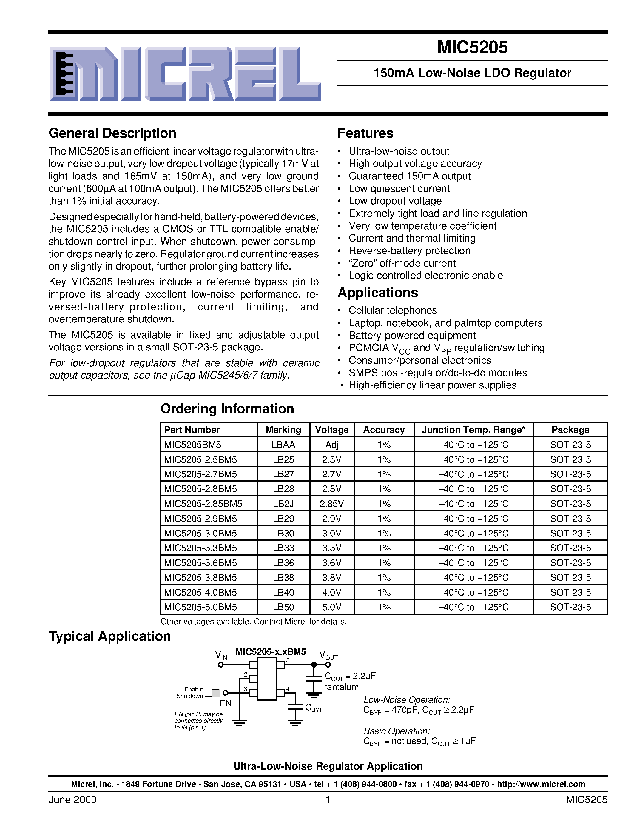 Datasheet MIC5205-4.0BM5 - 150mA Low-Noise LDO Regulator page 1