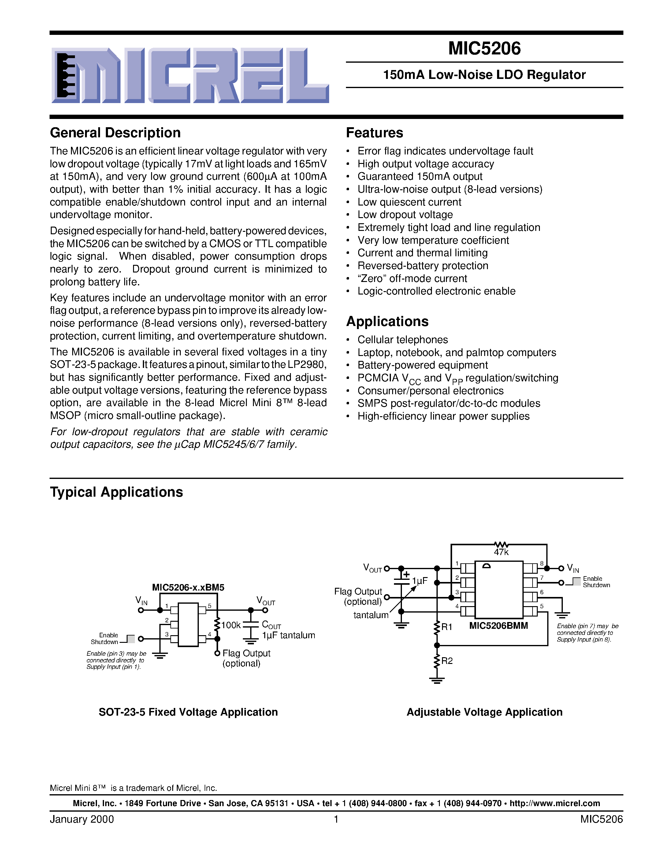 Datasheet MIC5206-4.0BM5 - 150mA Low-Noise LDO Regulator page 1