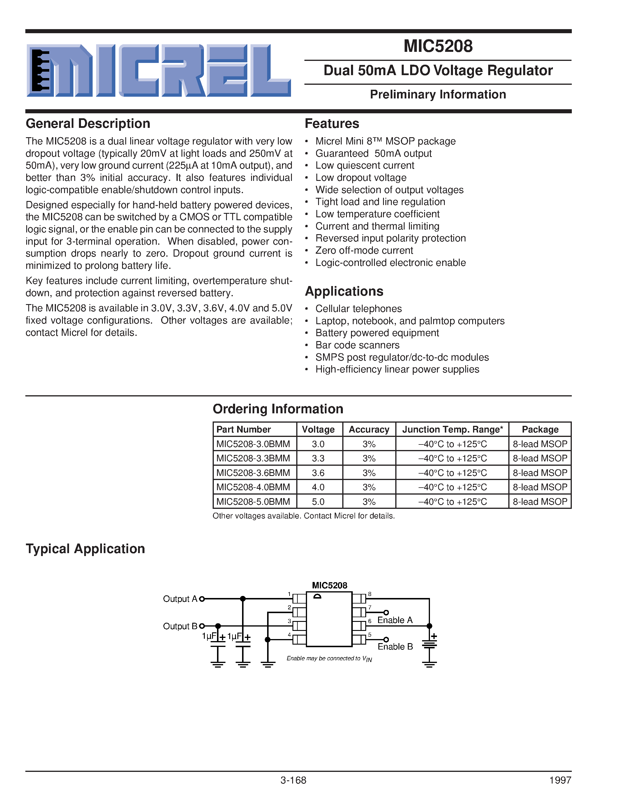 Datasheet MIC5208-4.0BMM - Dual 50mA LDO Voltage Regulator Preliminary Information page 1