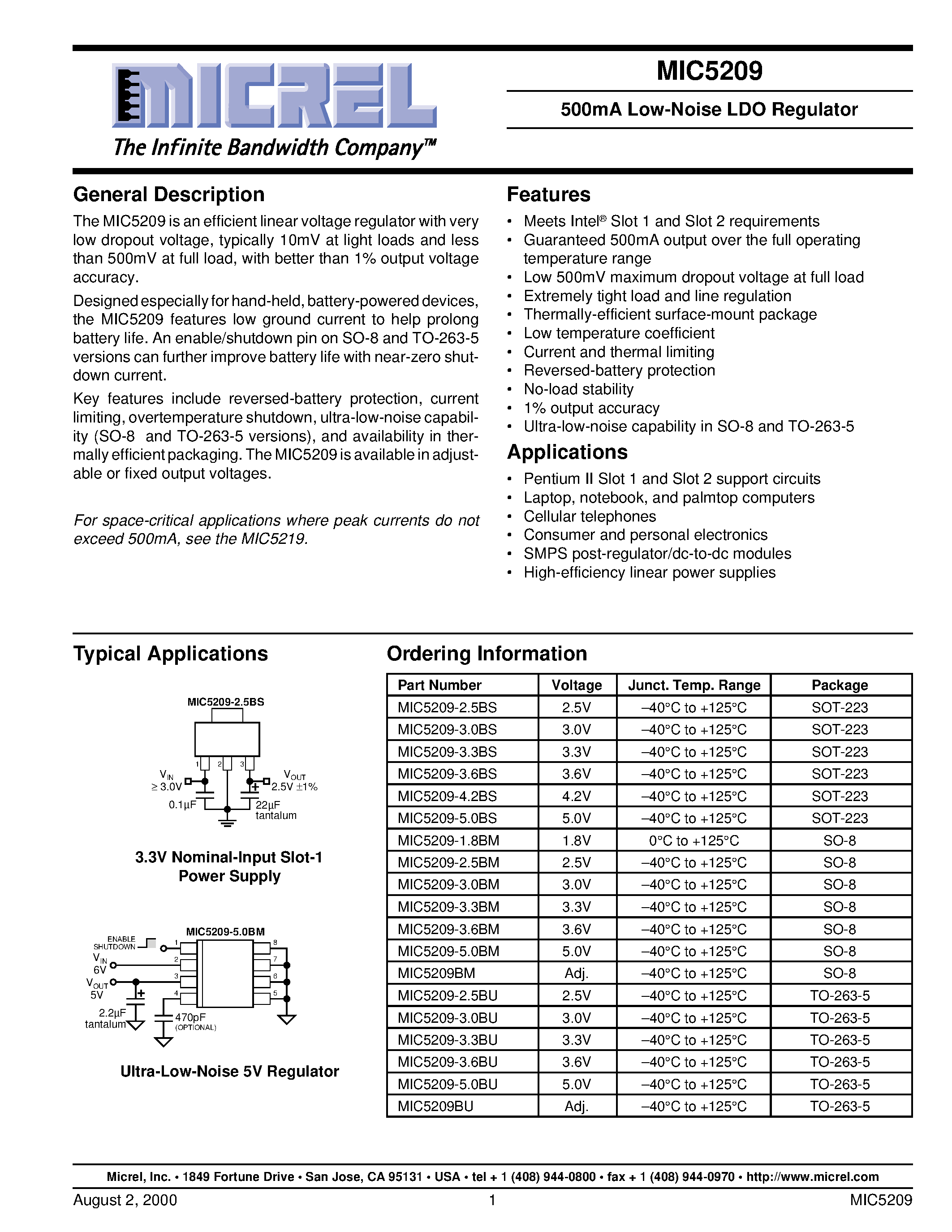 Datasheet MIC5209-4.2BS - 500mA Low-Noise LDO Regulator page 1