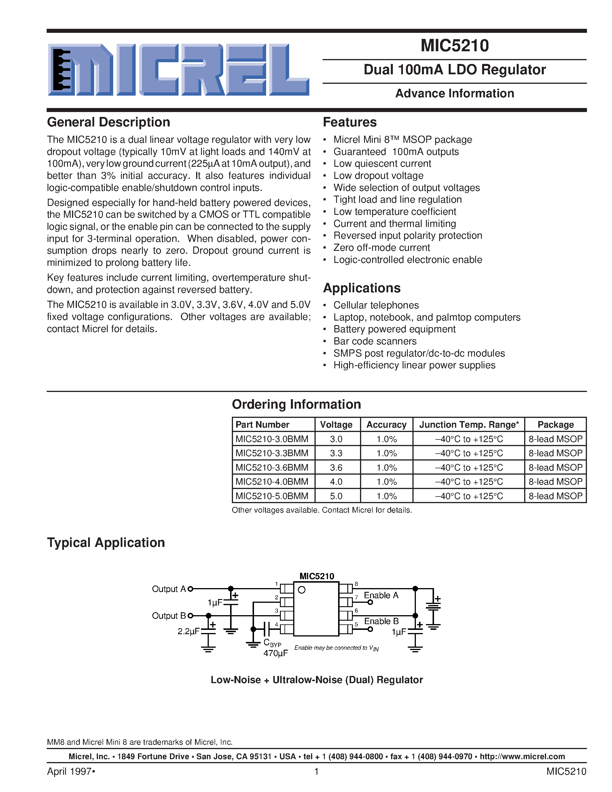 Даташит MIC5210-4.0BMM - Dual 150mA LDO Regulator Preliminary Information страница 1