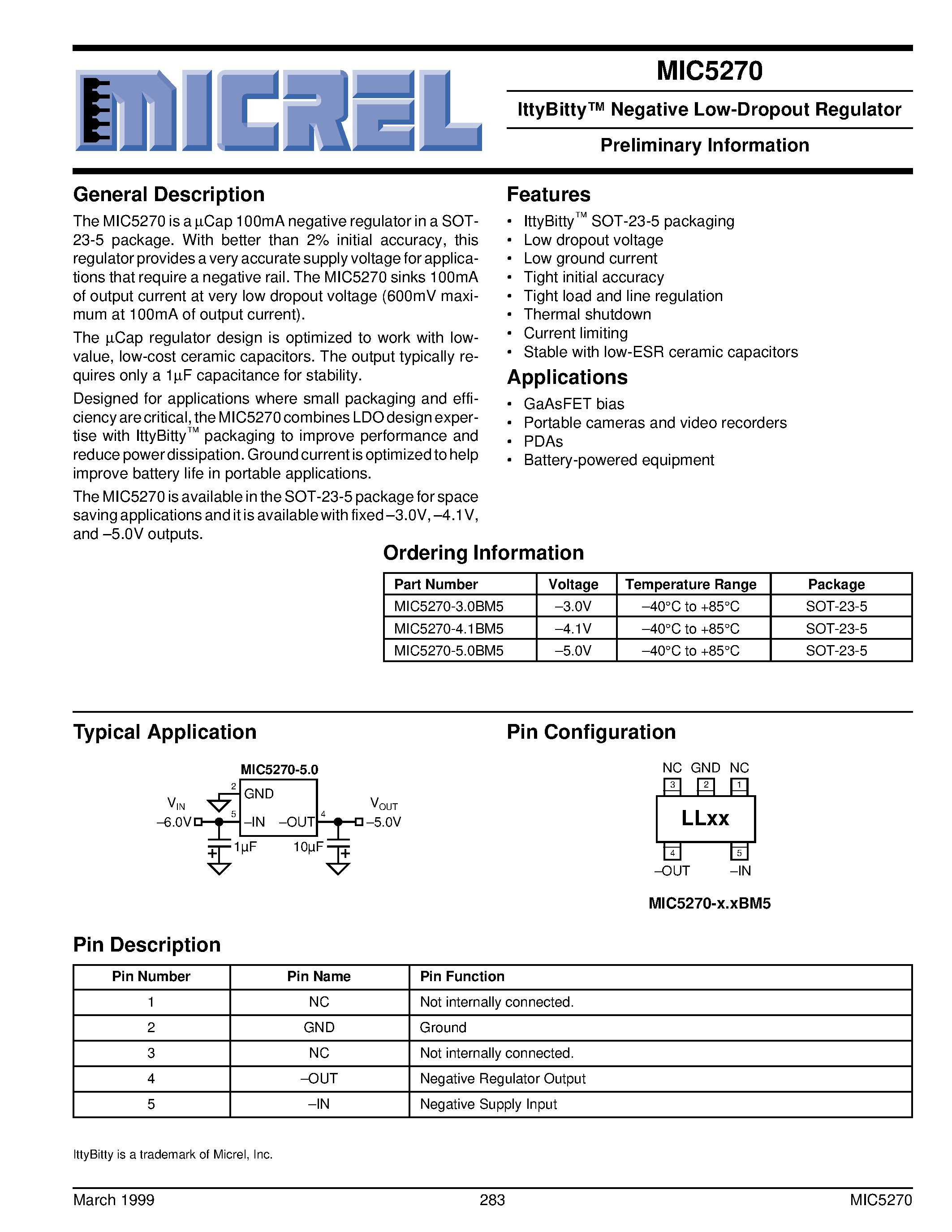 Даташит MIC5270-4.1BM5 - IttyBitty Negative Low-Dropout Regulator Preliminary Information страница 1