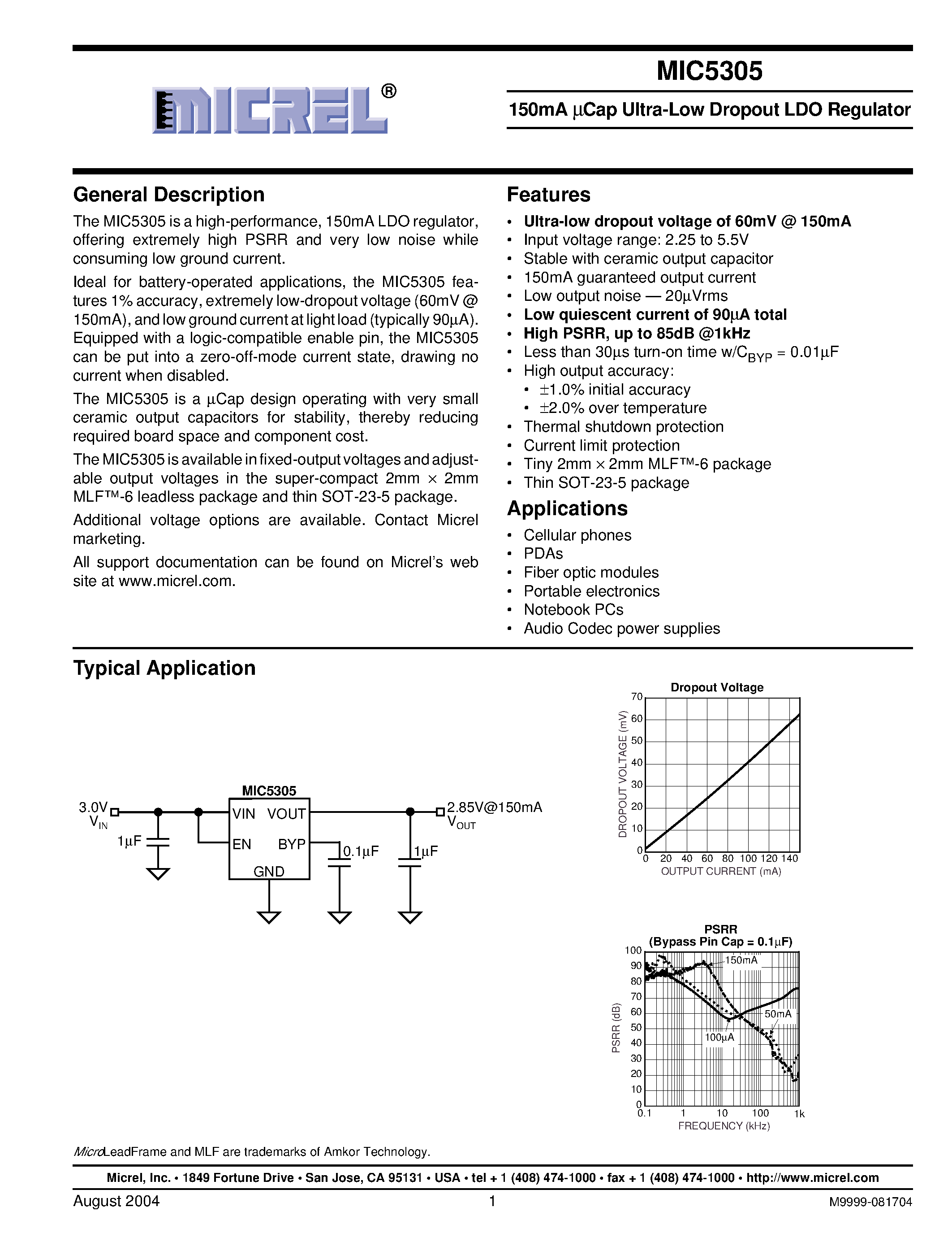 Даташит MIC5305-4.75BML - 150mA UCap Ultra-Low Dropout LDO Regulator страница 1