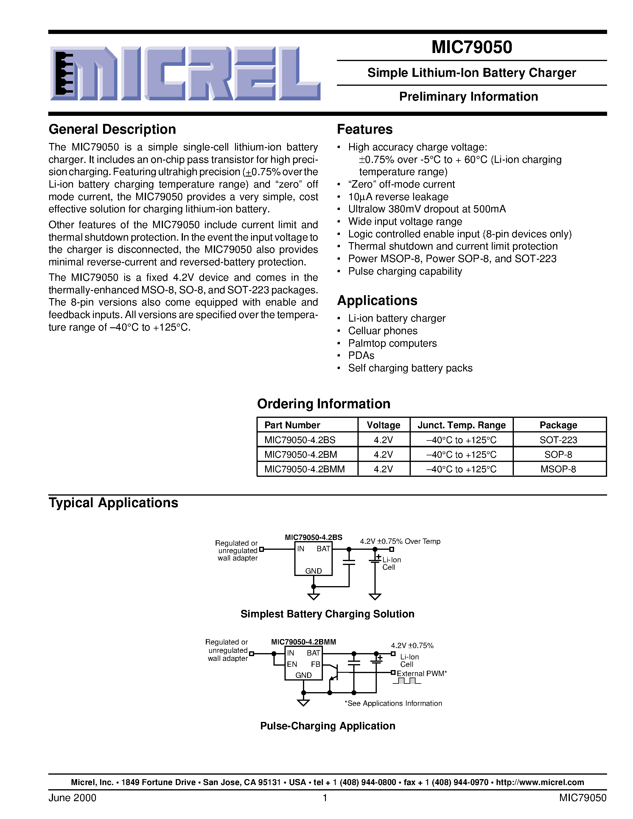 Datasheet MIC79050-4.2BM - Simple Lithium-Ion Battery Charger Preliminary Information page 1