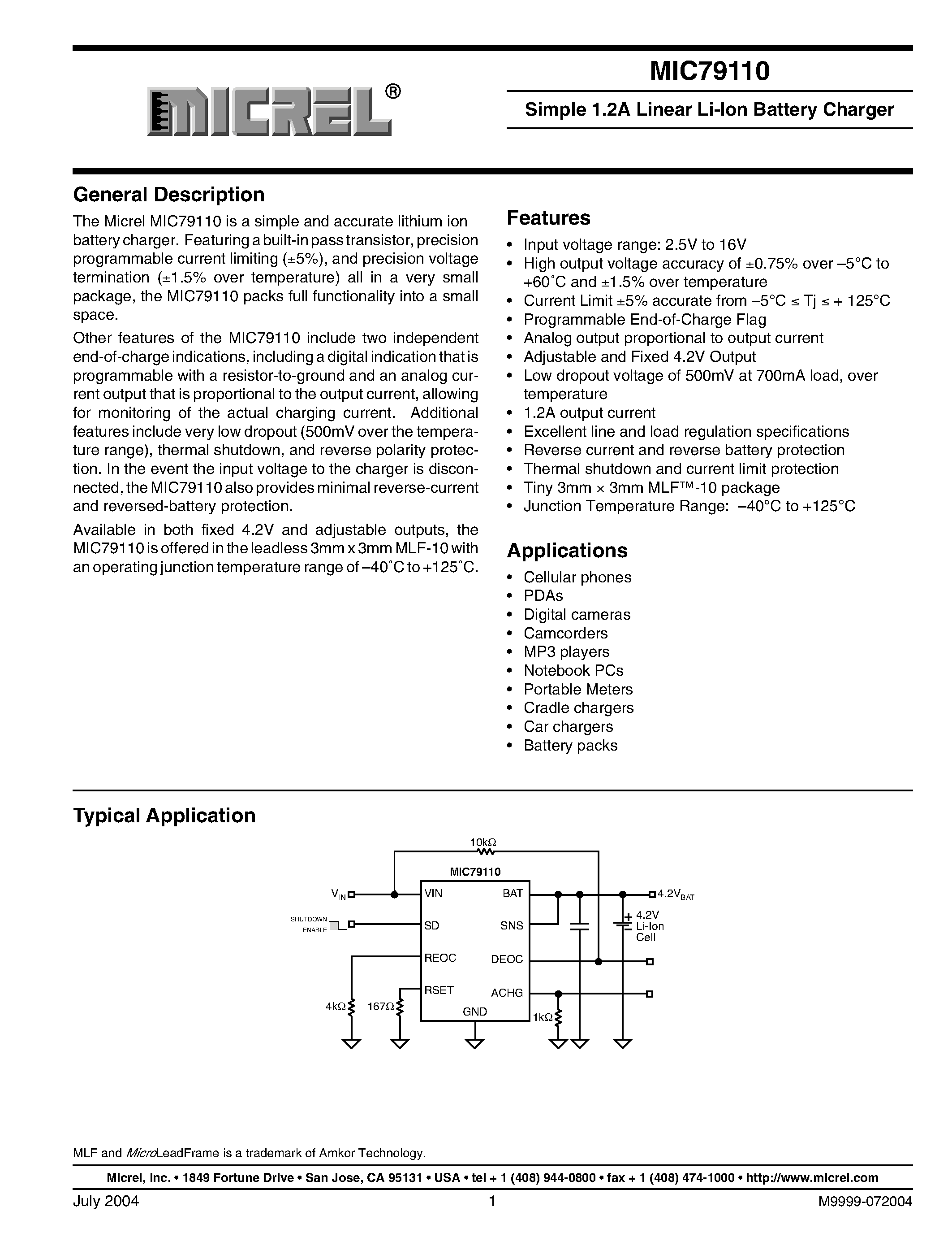 Datasheet MIC79110-4.2BML - Simple 1.2A Linear Li-Ion Battery Charger page 1