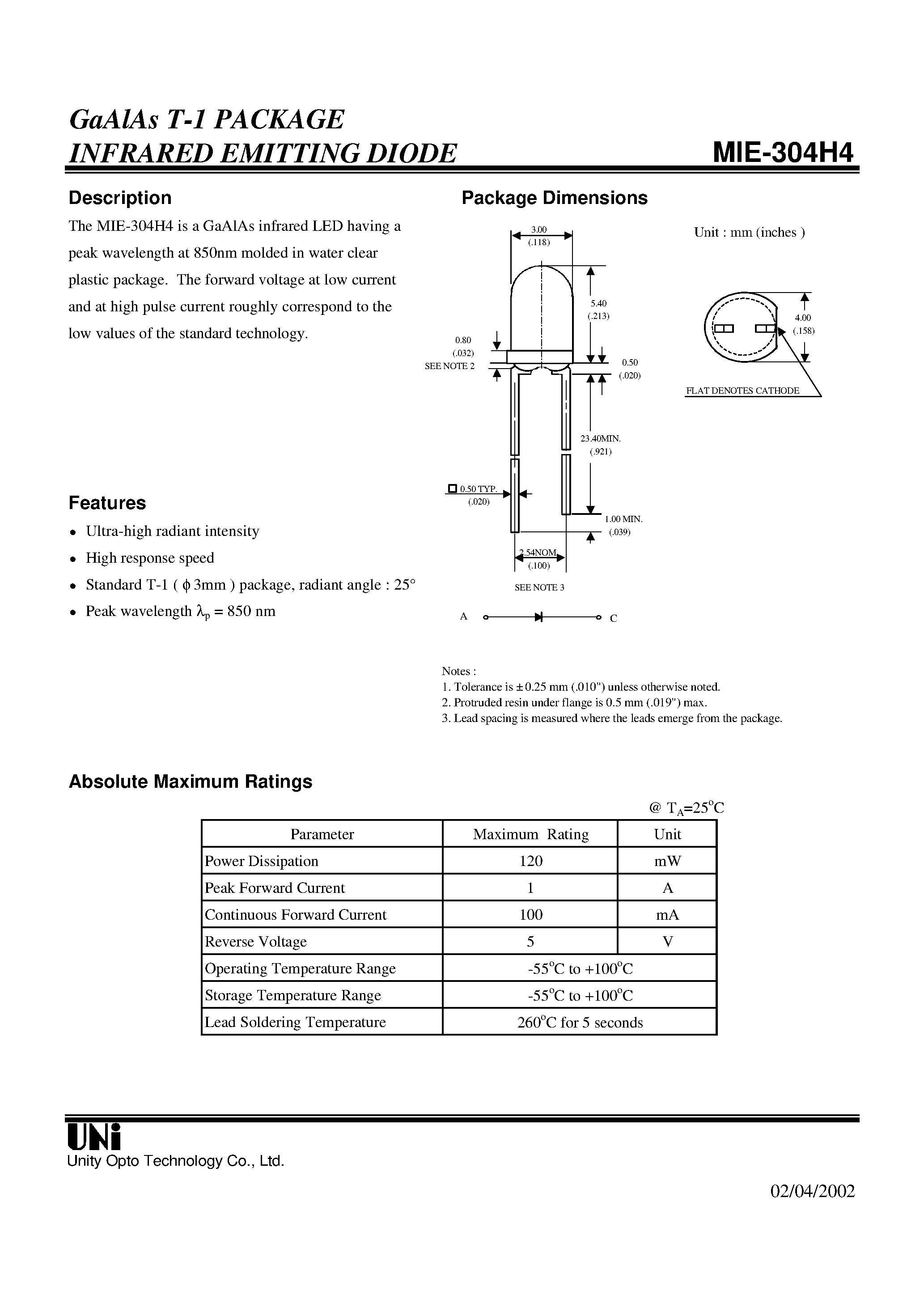 Datasheet MIE-304H4 - GaAlAs T-1 PACKAGE INFRARED EMITTING DIODE page 1