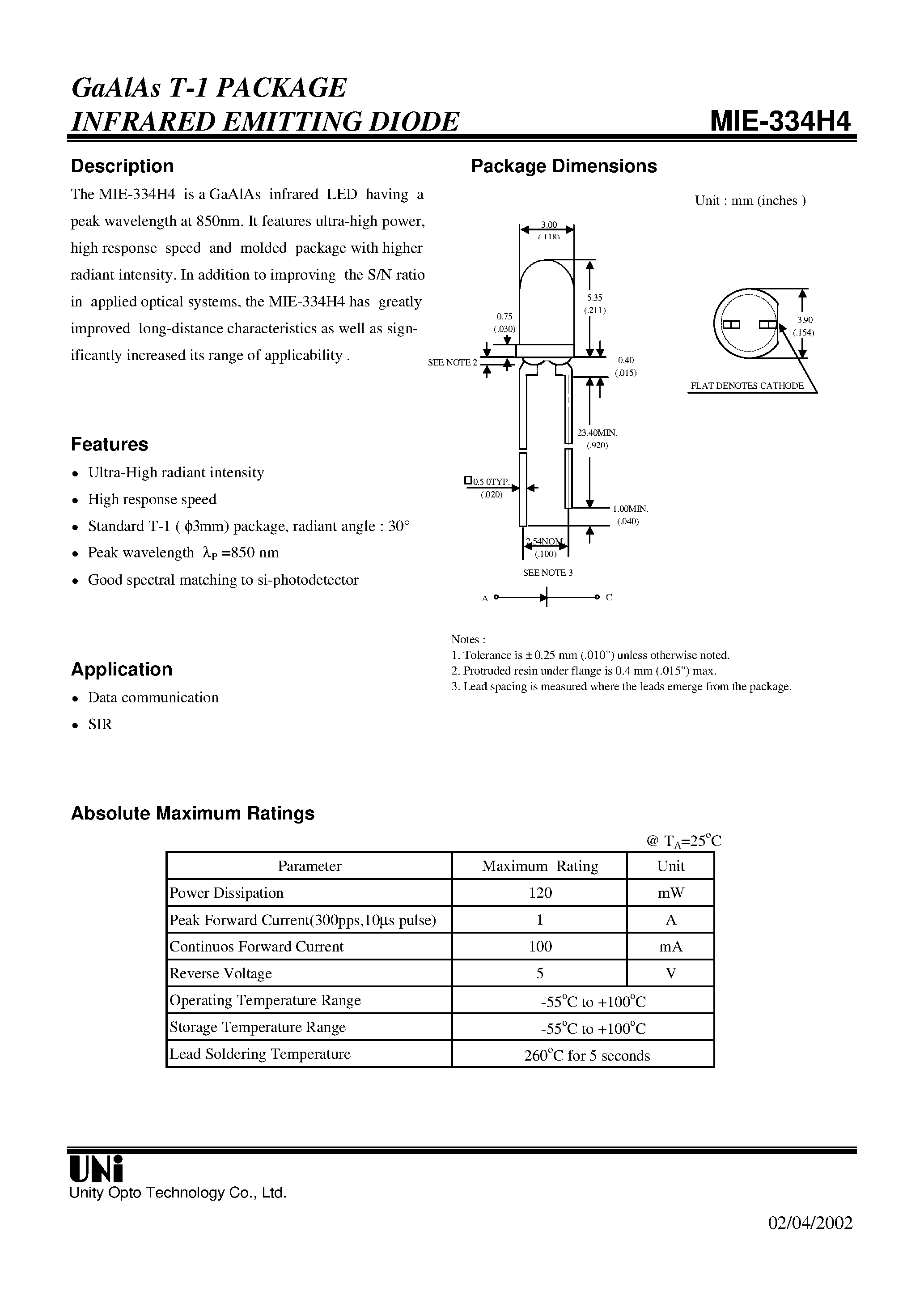 Datasheet MIE-334H4 - GaAlAs T-1 PACKAGE INFRARED EMITTING DIODE page 1