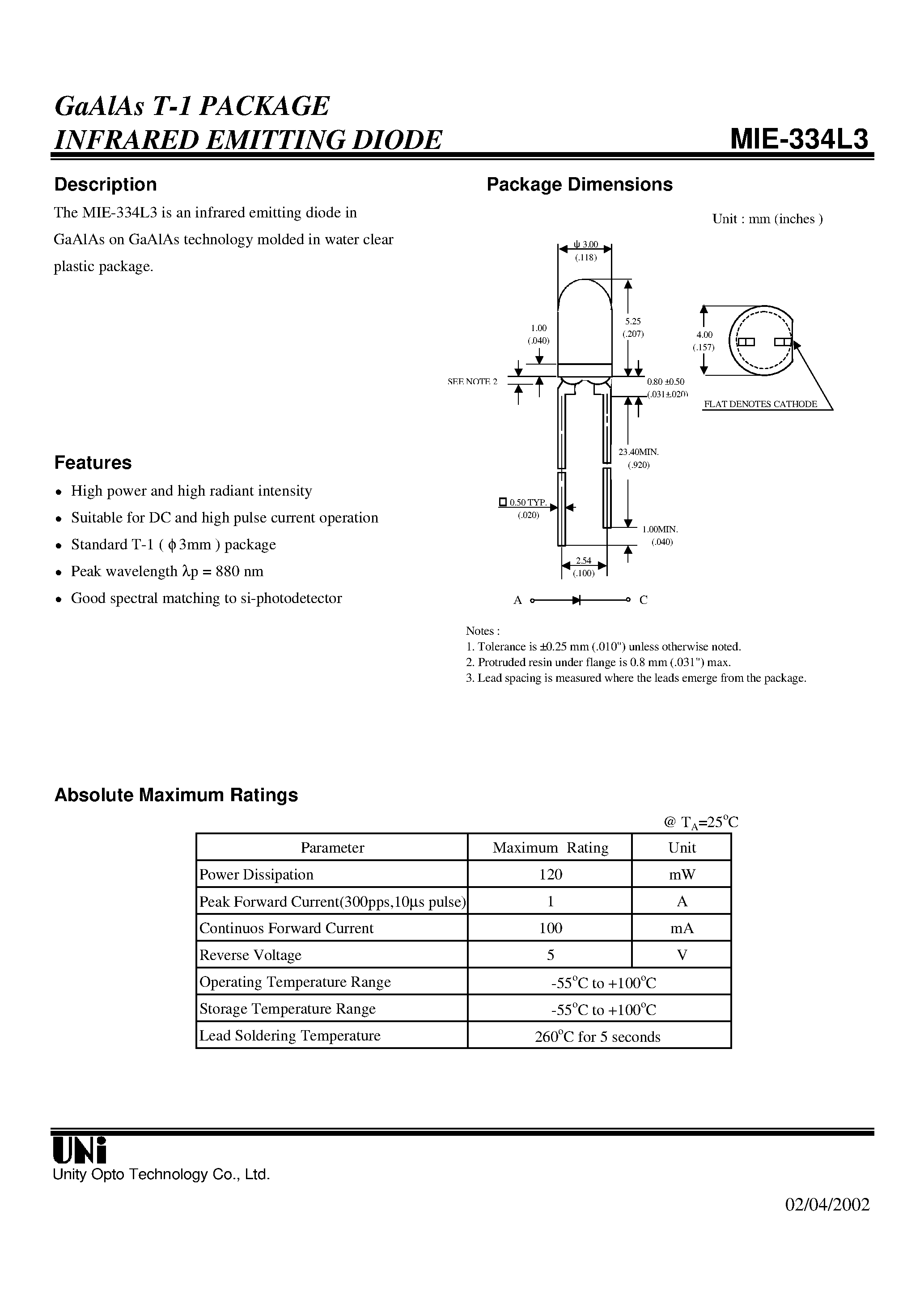 Datasheet MIE-334L3 - GaAlAs T-1 PACKAGE INFRARED EMITTING DIODE page 1