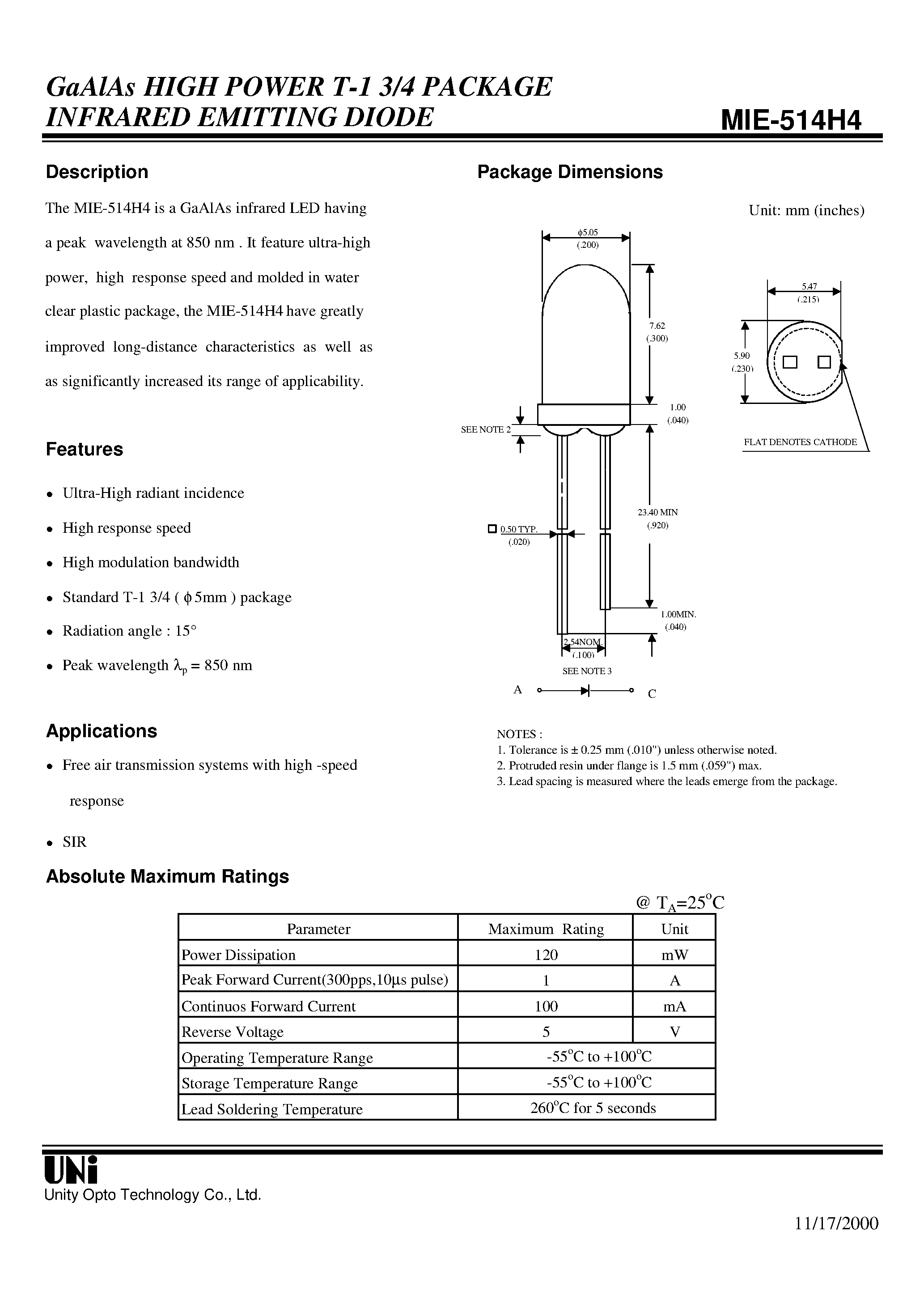 Datasheet MIE-514H4 - GaAlAs HIGH POWER T-1 3/4 PACKAGE INFRARED EMITTING DIODE page 1