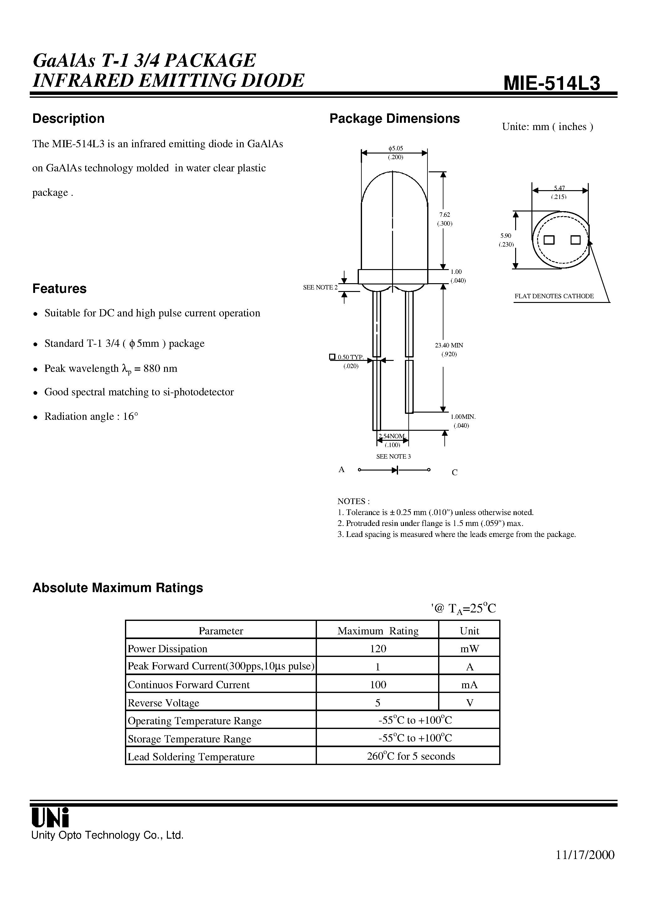 Datasheet MIE-514L3 - GaAlAs T-1 3/4 PACKAGE INFRARED EMITTING DIODE page 1