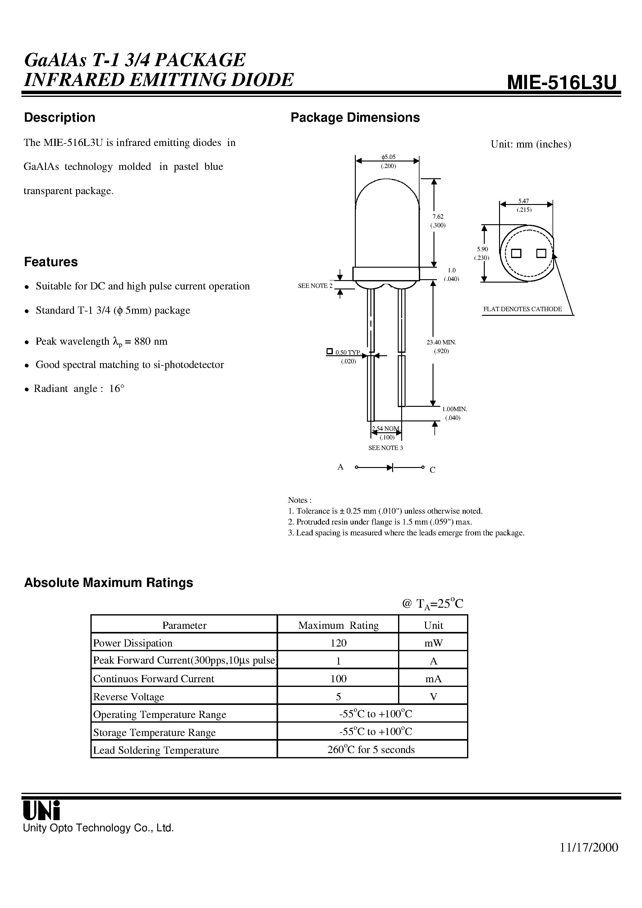Datasheet MIE-516L3U - GaAlAs T-1 3/4 PACKAGE INFRARED EMITTING DIODE page 1
