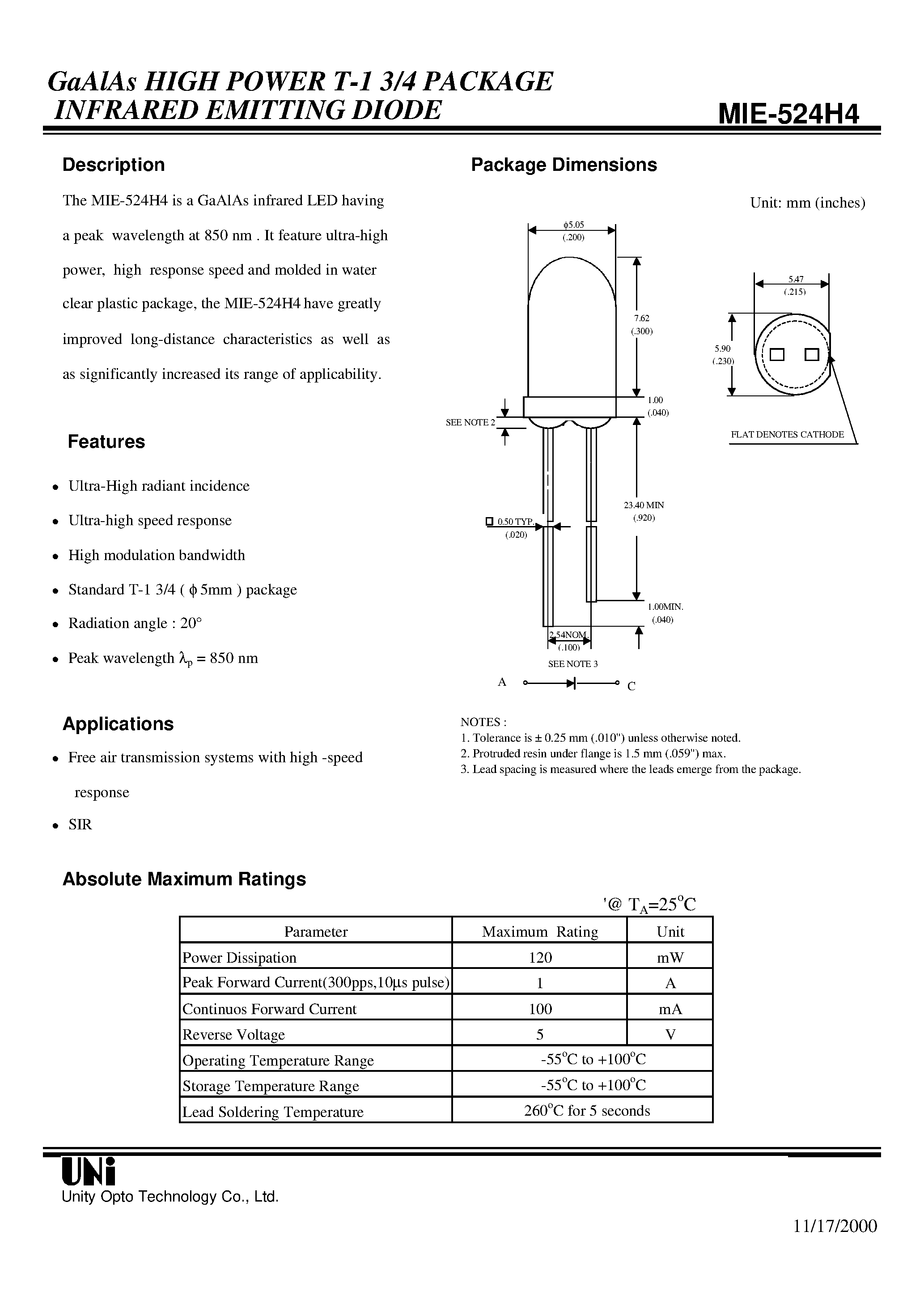 Datasheet MIE-524H4 - GaAlAs HIGH POWER T-1 3/4 PACKAGE INFRARED EMITTING DIODE page 1