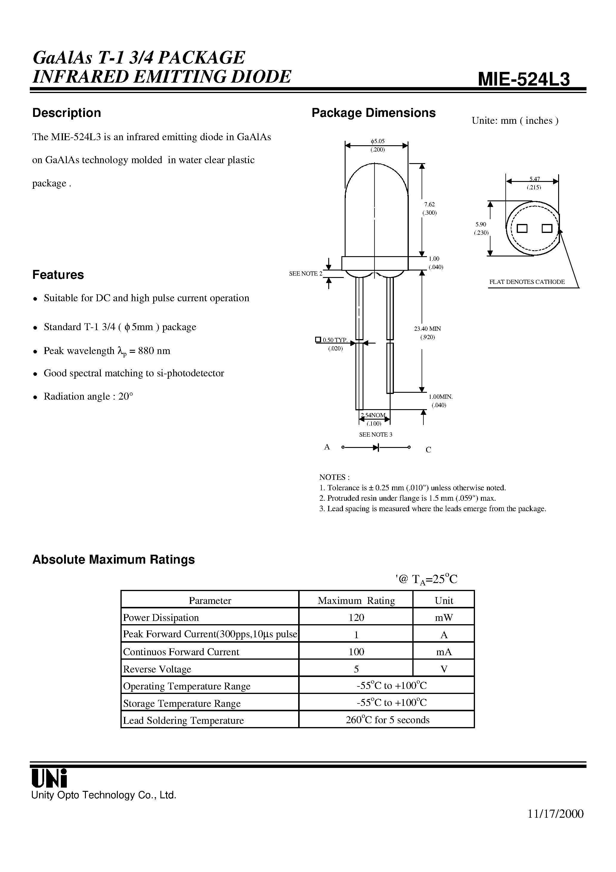 Datasheet MIE-524L3 - GaAlAs T-1 3/4 PACKAGE INFRARED EMITTING DIODE page 1
