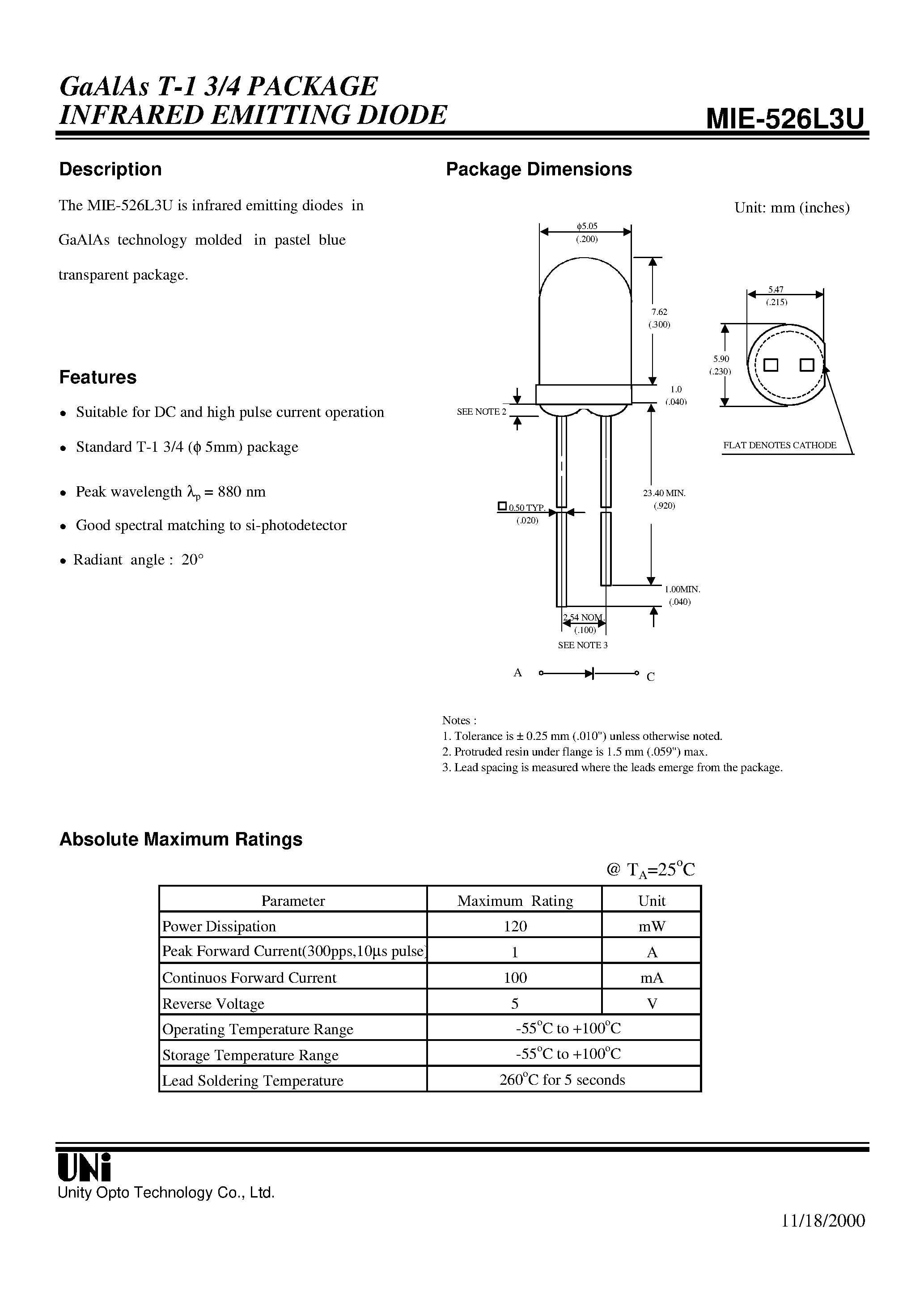 Datasheet MIE-526L3U - GaAlAs T-1 3/4 PACKAGE INFRARED EMITTING DIODE page 1