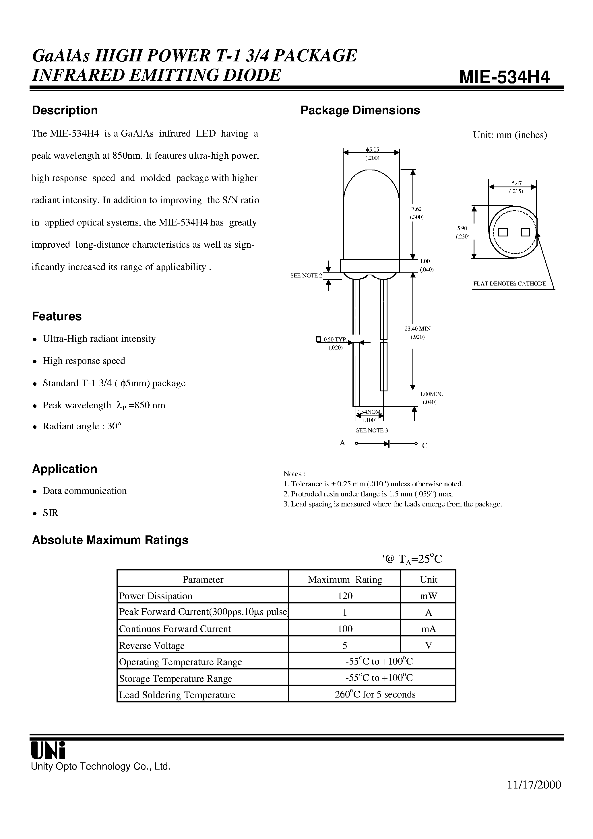 Datasheet MIE-534H4 - GaAlAs HIGH POWER T-1 3/4 PACKAGE INFRARED EMITTING DIODE page 1