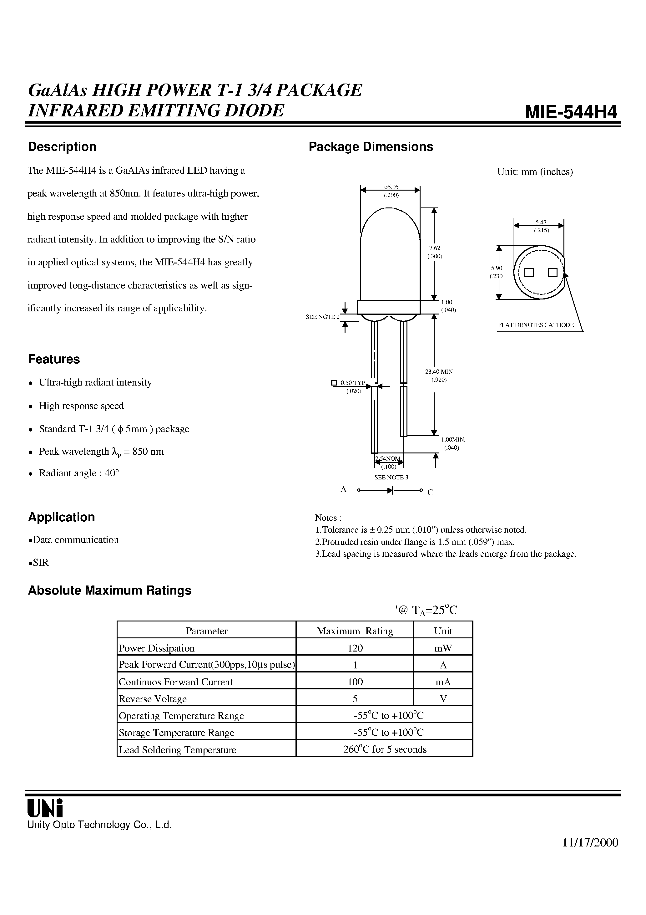 Datasheet MIE-544H4 - GaAlAs HIGH POWER T-1 3/4 PACKAGE INFRARED EMITTING DIODE page 1