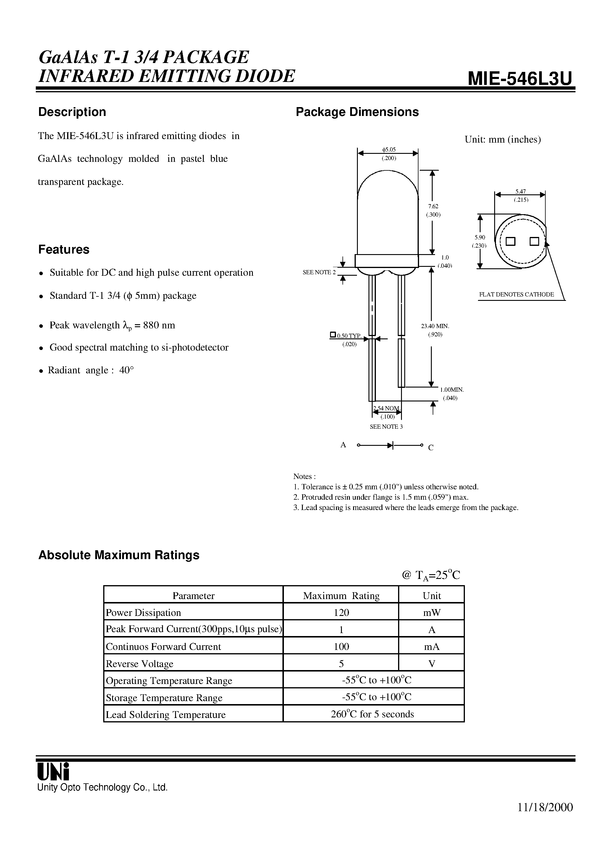 Datasheet MIE-546L3U - GaAlAs T-1 3/4 PACKAGE INFRARED EMITTING DIODE page 1