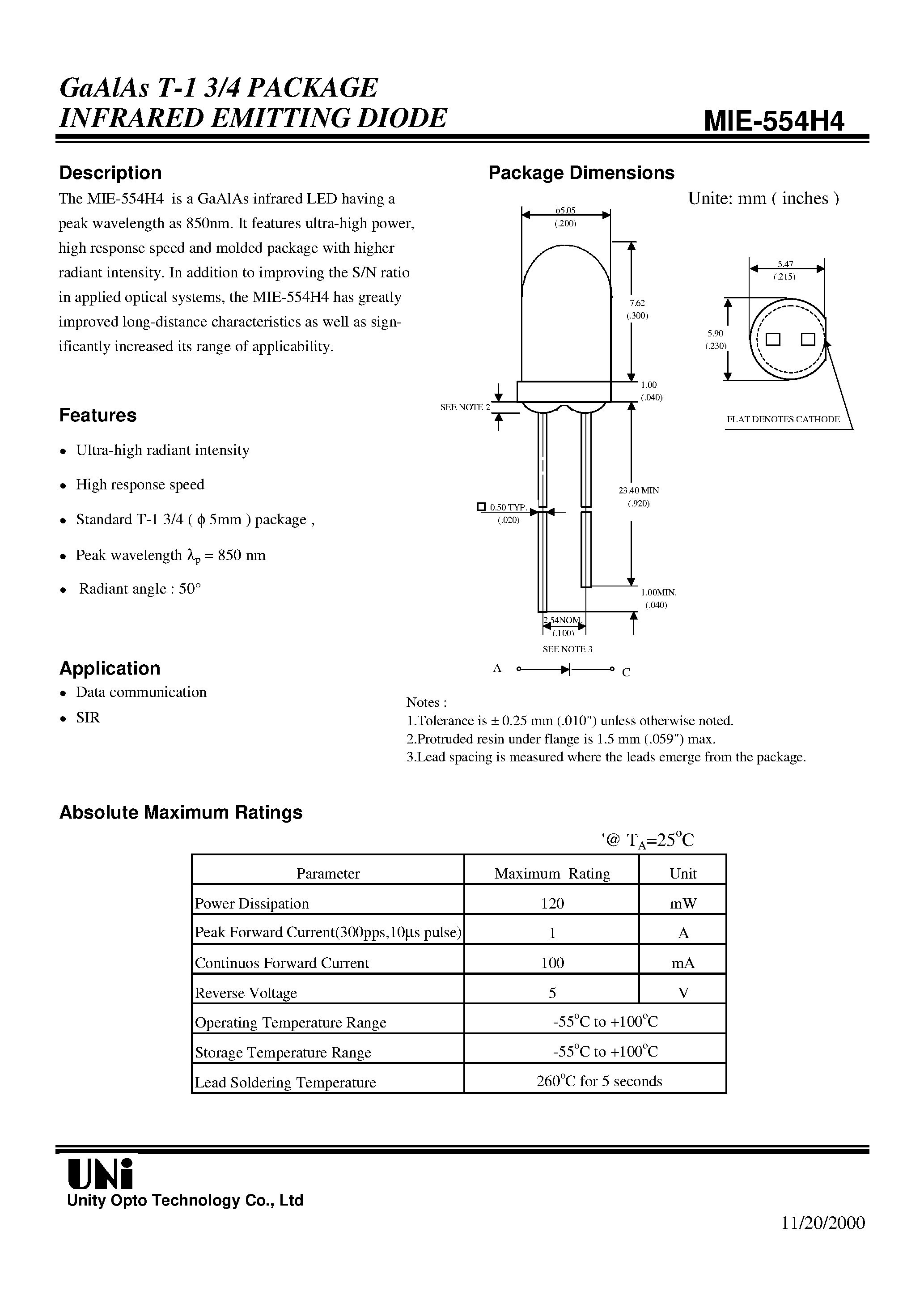 Datasheet MIE-554H4 - GaAlAs T-1 3/4 PACKAGE INFRARED EMITTING DIODE page 1