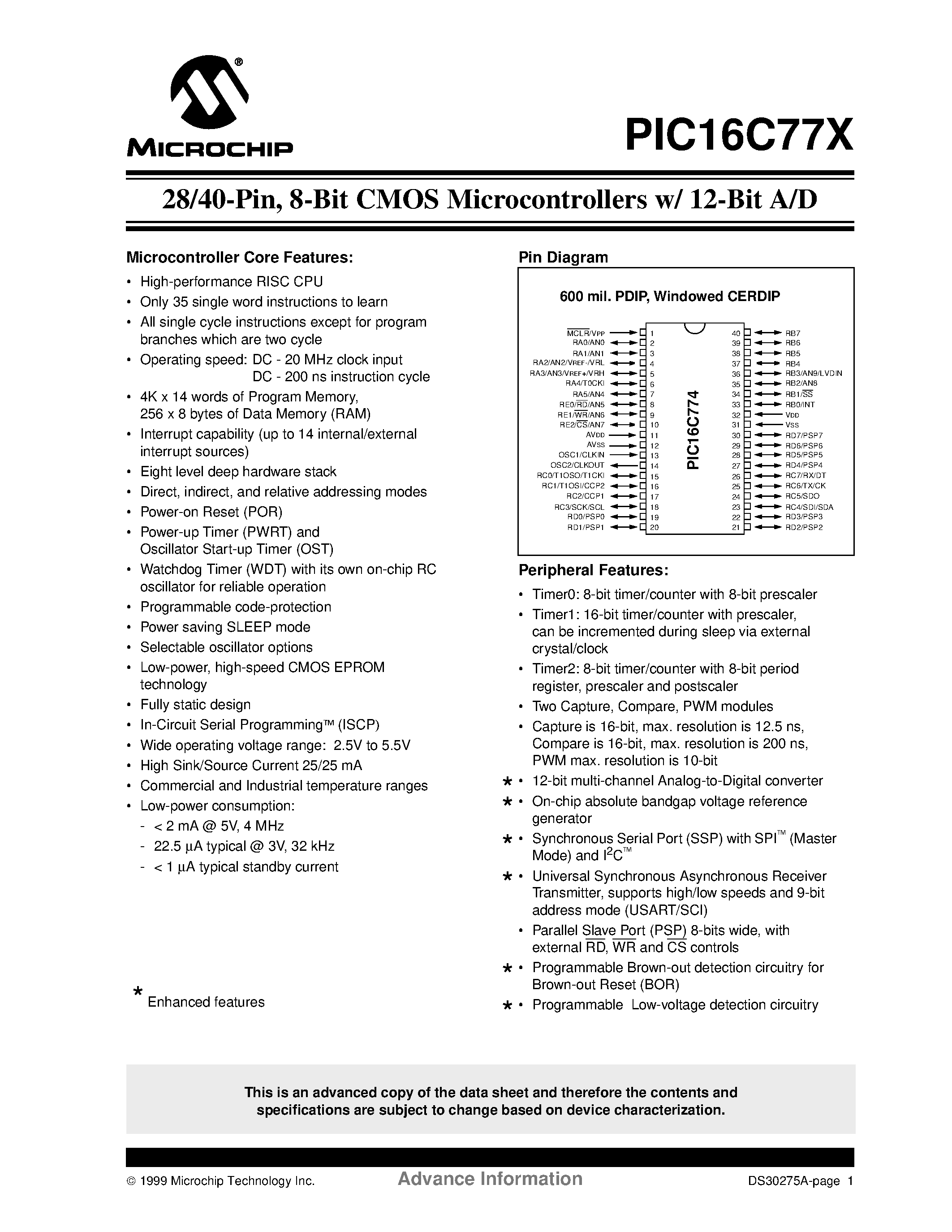 Datasheet PIC16C773-04/L - 28/40-Pin/ 8-Bit CMOS Microcontrollers w/ 12-Bit A/D page 1