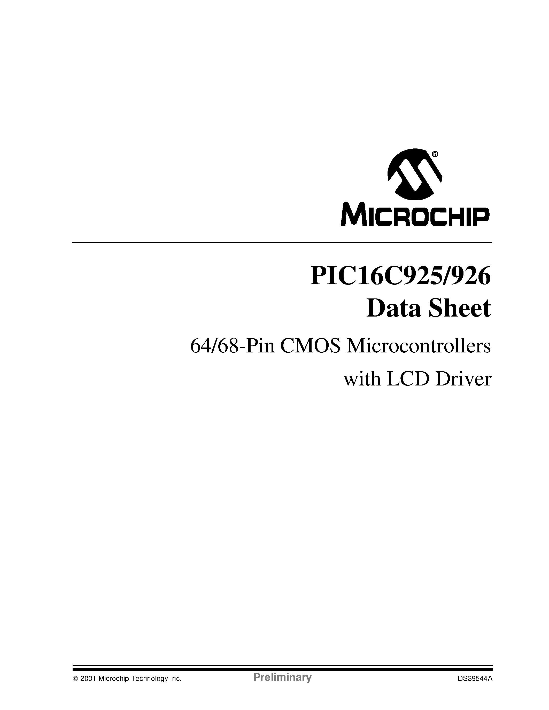 Datasheet PIC16C925-S/L - 64/68-Pin CMOS Microcontrollers with LCD Driver page 1