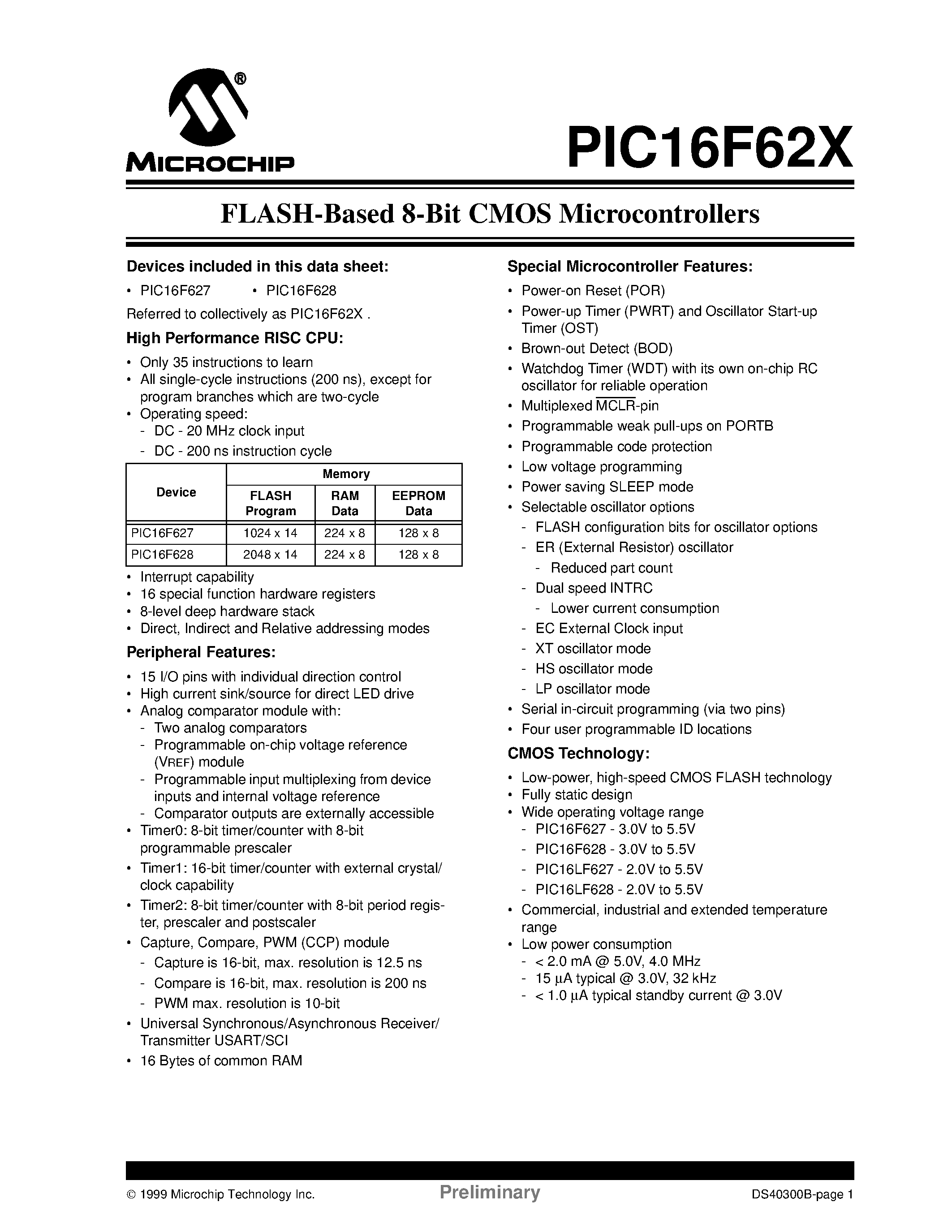 Даташит PIC16F627-04/P - FLASH-Based 8-Bit CMOS Microcontrollers страница 1